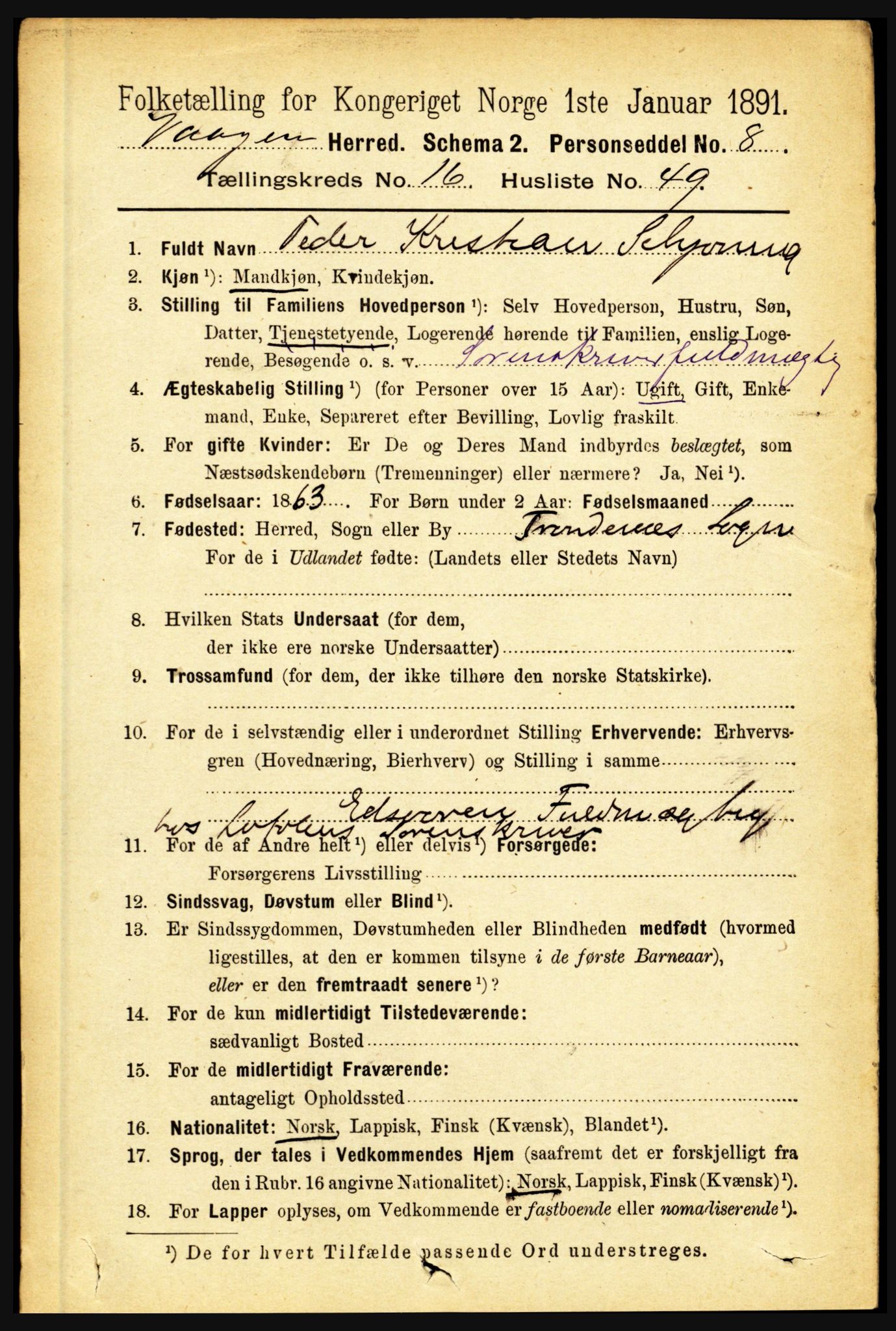 RA, 1891 census for 1865 Vågan, 1891, p. 4886