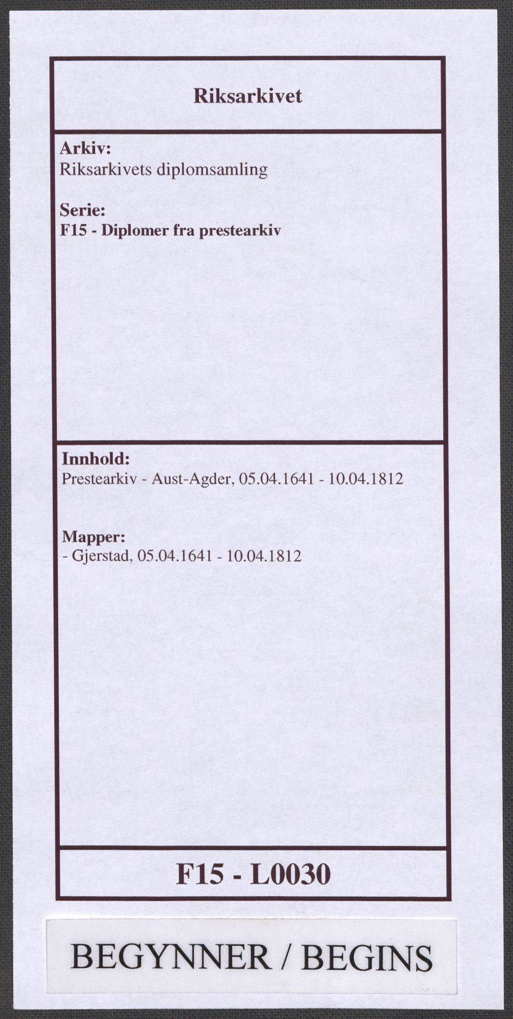 Riksarkivets diplomsamling, RA/EA-5965/F15/L0030: Prestearkiv - Aust-Agder, 1641-1812, p. 1