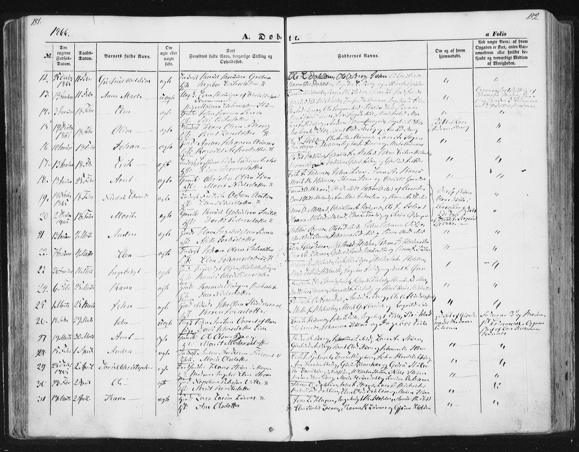 Ministerialprotokoller, klokkerbøker og fødselsregistre - Sør-Trøndelag, AV/SAT-A-1456/630/L0494: Parish register (official) no. 630A07, 1852-1868, p. 181-182