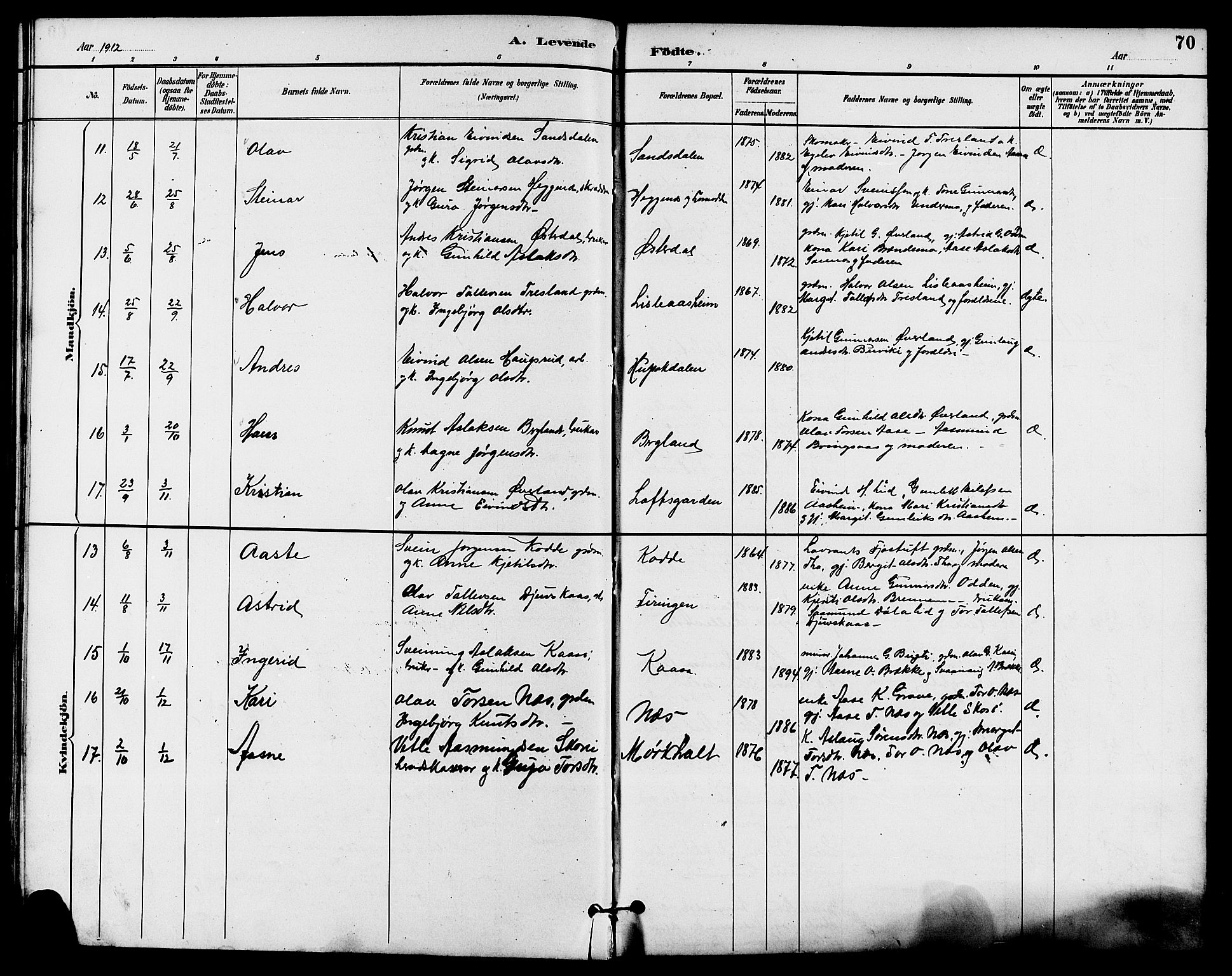 Seljord kirkebøker, SAKO/A-20/G/Ga/L0005: Parish register (copy) no. I 5, 1887-1914, p. 70