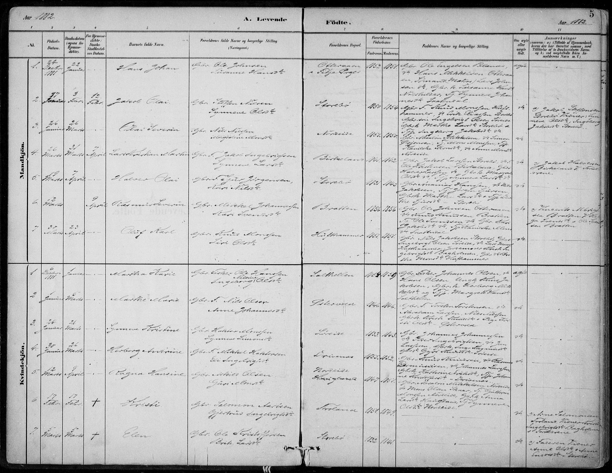 Sund sokneprestembete, SAB/A-99930: Parish register (official) no. C  1, 1882-1899, p. 5