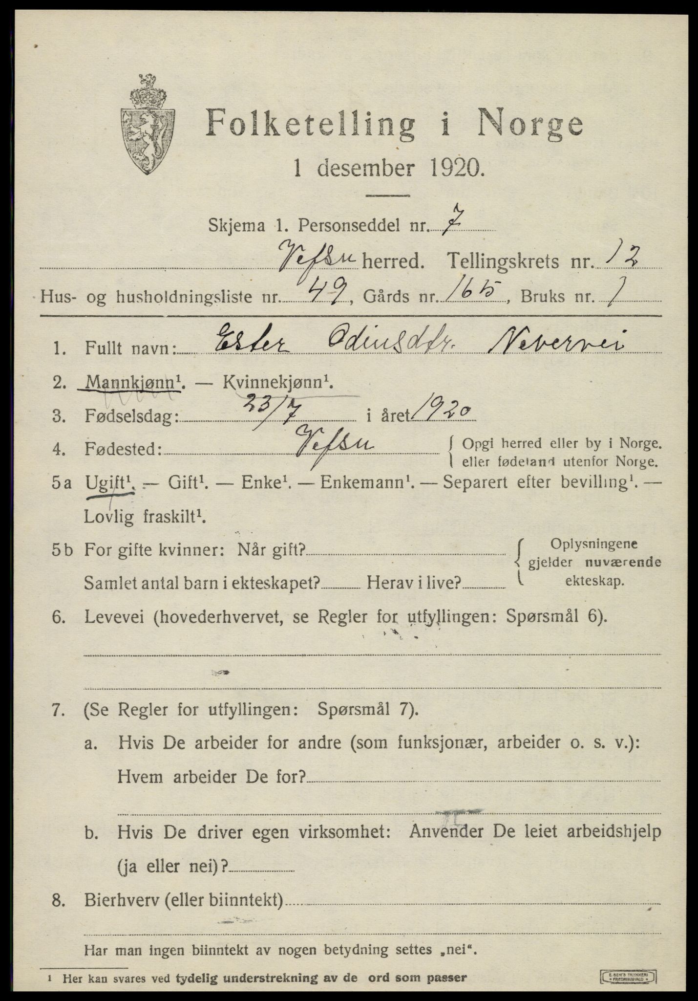 SAT, 1920 census for Vefsn, 1920, p. 10145