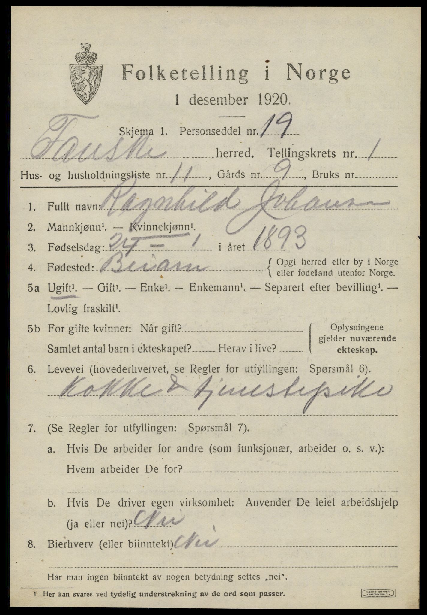 SAT, 1920 census for Fauske, 1920, p. 2306