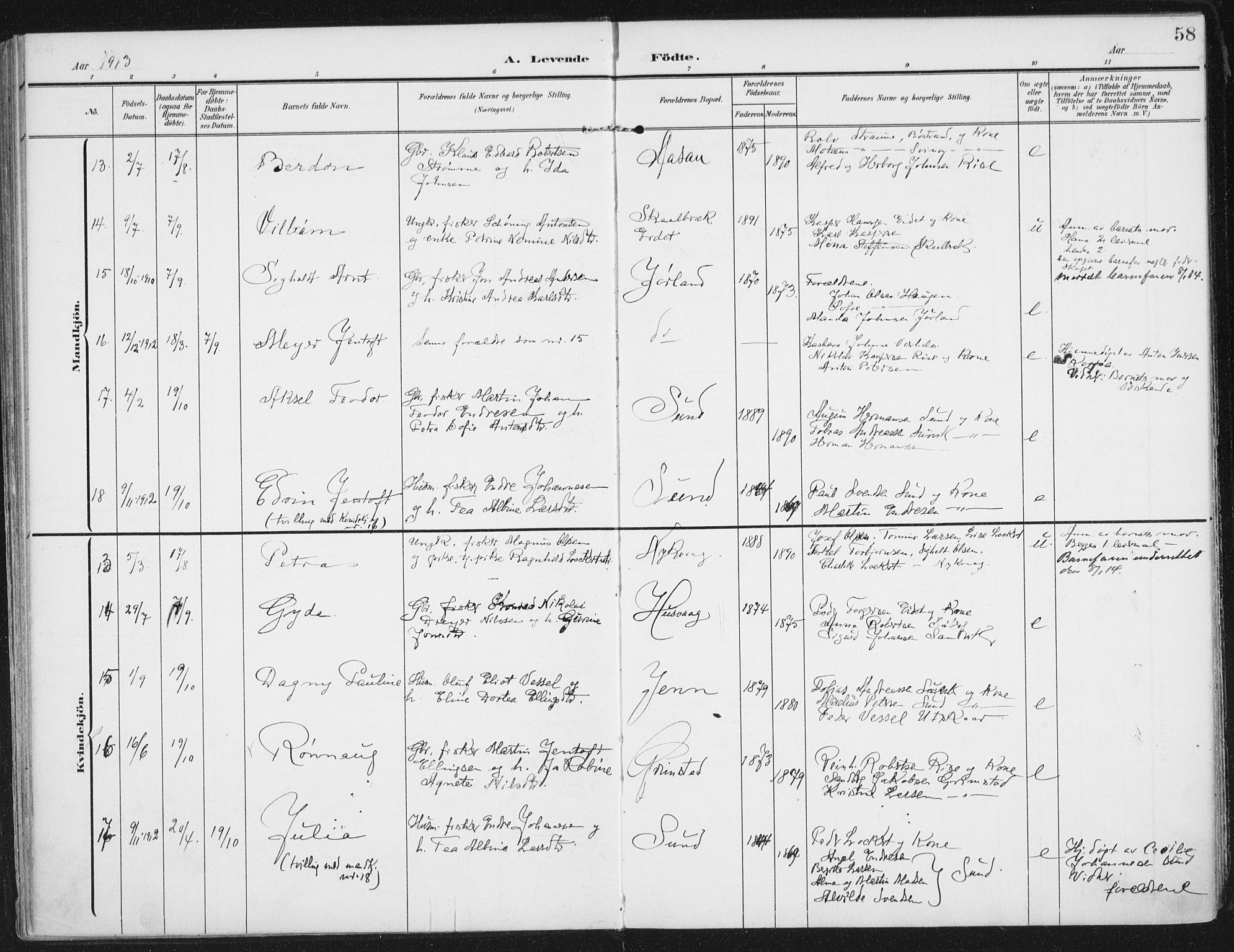 Ministerialprotokoller, klokkerbøker og fødselsregistre - Nordland, AV/SAT-A-1459/892/L1321: Parish register (official) no. 892A02, 1902-1918, p. 58