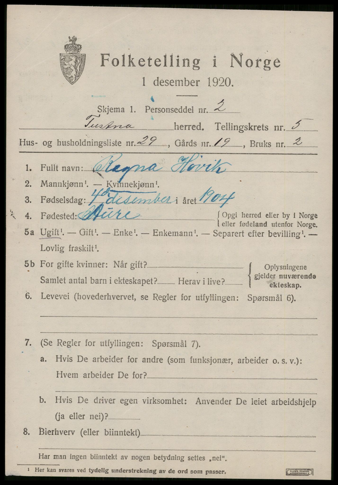 SAT, 1920 census for Tustna, 1920, p. 2679