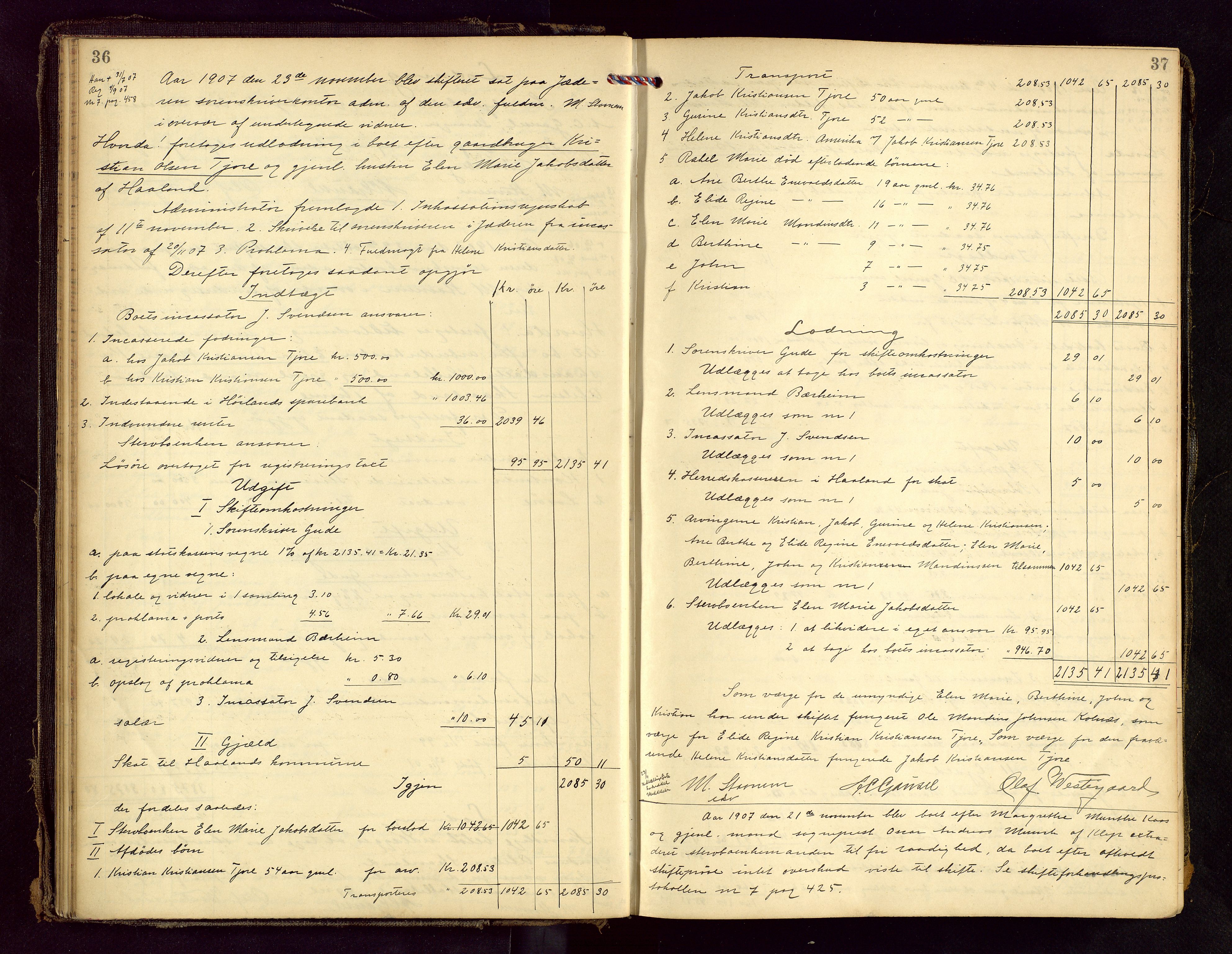 Jæren sorenskriveri, AV/SAST-A-100310/01/5/50/50BB/L0007: SKIFTEUTLODNINGSPROTOKOLL, 1907-1914, p. 36-37