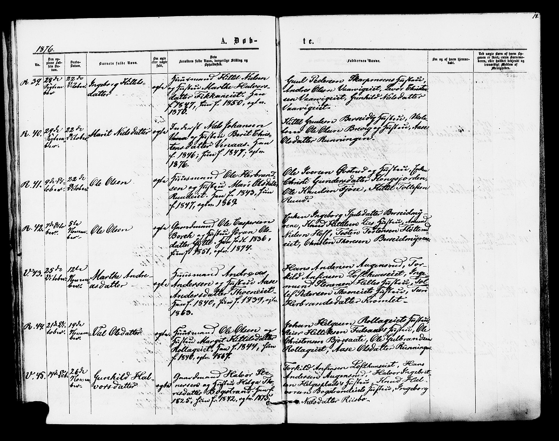 Rollag kirkebøker, AV/SAKO-A-240/F/Fa/L0010: Parish register (official) no. I 10, 1874-1877, p. 18