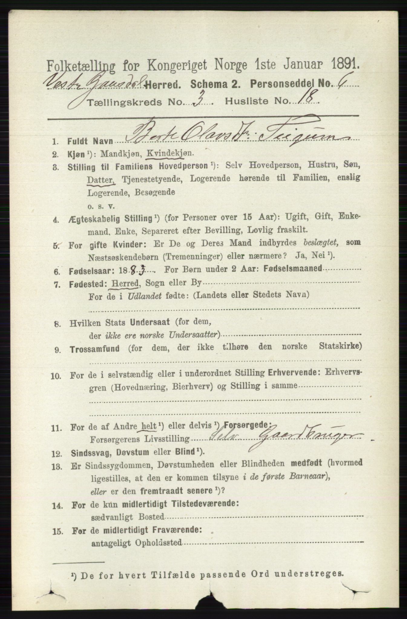 RA, 1891 census for 0523 Vestre Gausdal, 1891, p. 1361