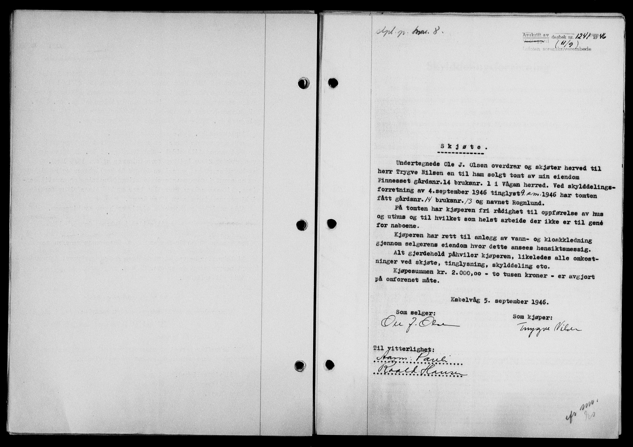 Lofoten sorenskriveri, SAT/A-0017/1/2/2C/L0014a: Mortgage book no. 14a, 1946-1946, Diary no: : 1241/1946