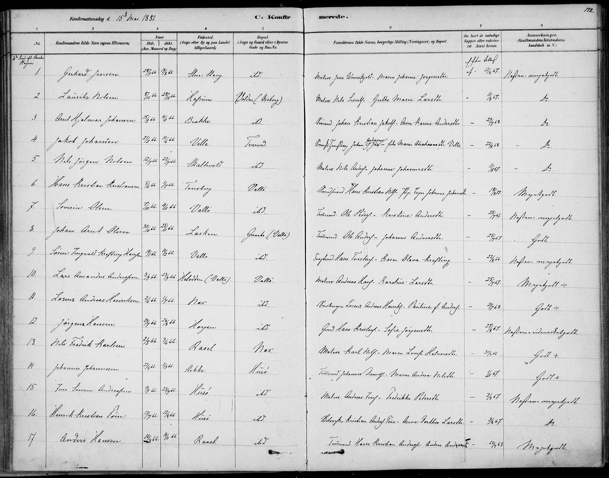 Sem kirkebøker, AV/SAKO-A-5/F/Fb/L0004: Parish register (official) no. II 4, 1878-1891, p. 172