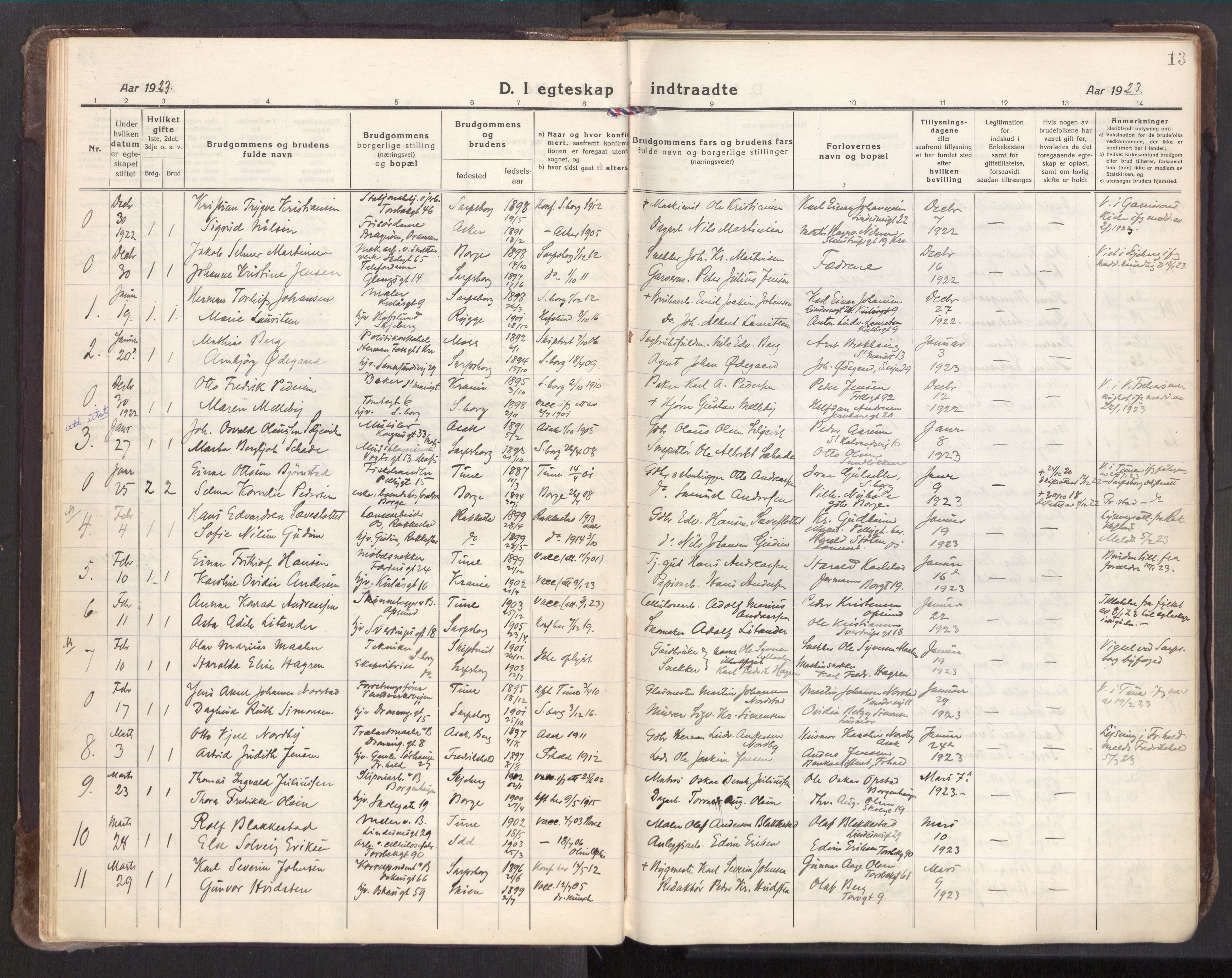 Sarpsborg prestekontor Kirkebøker, AV/SAO-A-2006/F/Fa/L0009: Parish register (official) no. 9, 1919-1931, p. 13