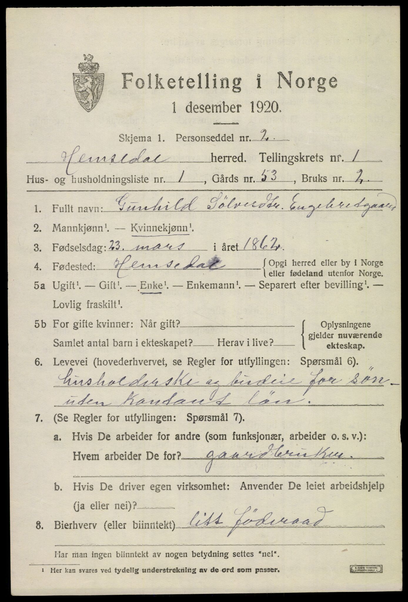 SAKO, 1920 census for Hemsedal, 1920, p. 546