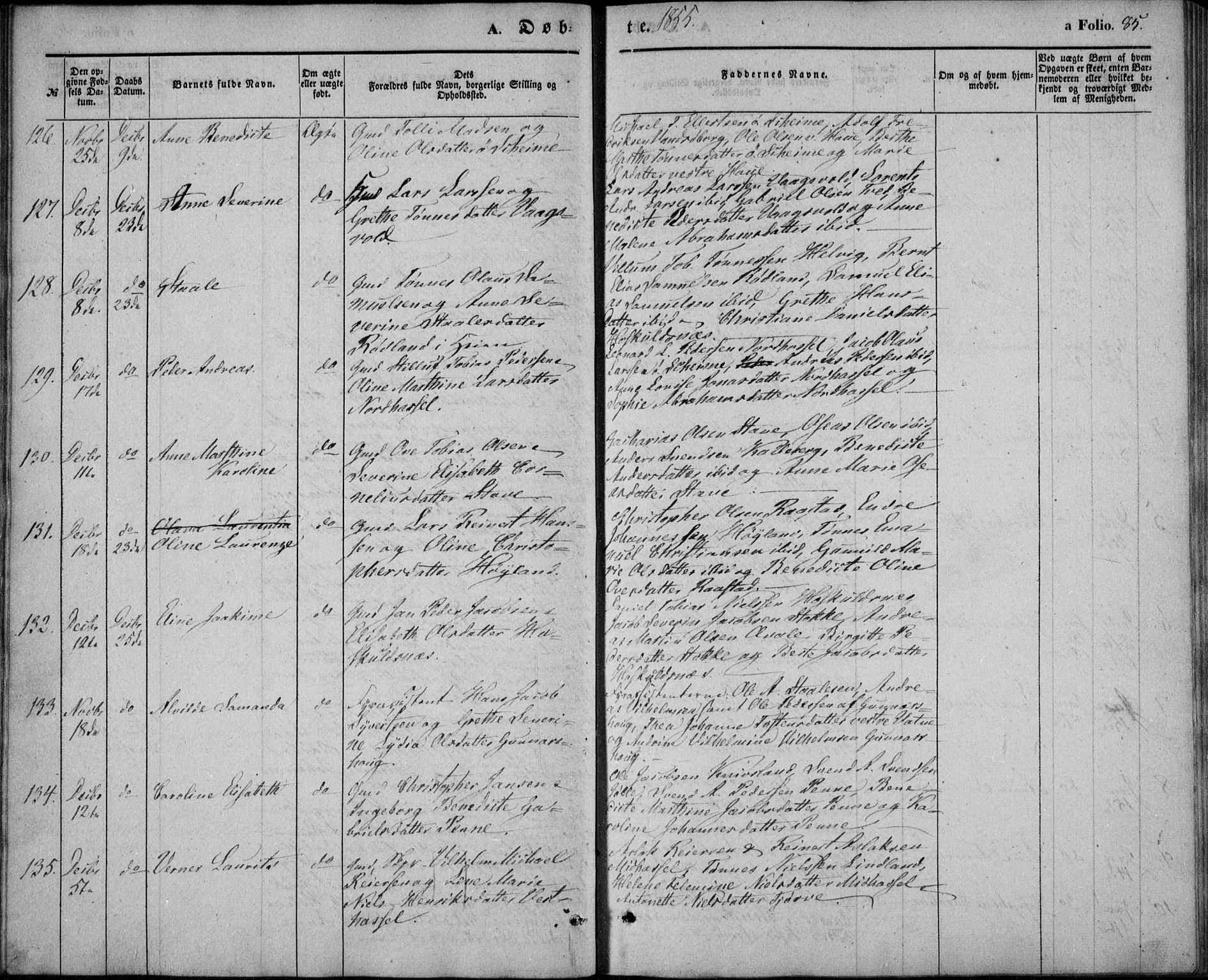 Lista sokneprestkontor, AV/SAK-1111-0027/F/Fb/L0002: Parish register (copy) no. B 2, 1847-1862, p. 85