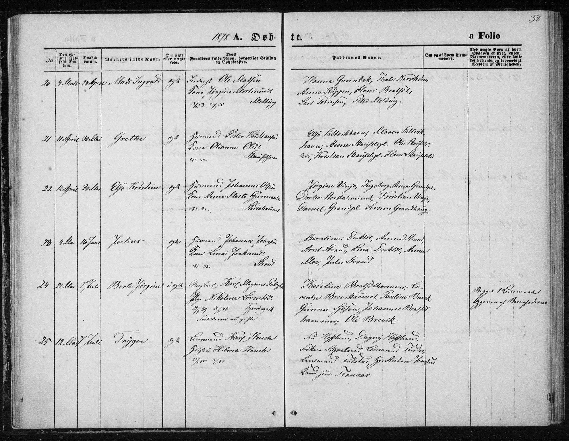 Ministerialprotokoller, klokkerbøker og fødselsregistre - Nord-Trøndelag, AV/SAT-A-1458/733/L0324: Parish register (official) no. 733A03, 1870-1883, p. 38