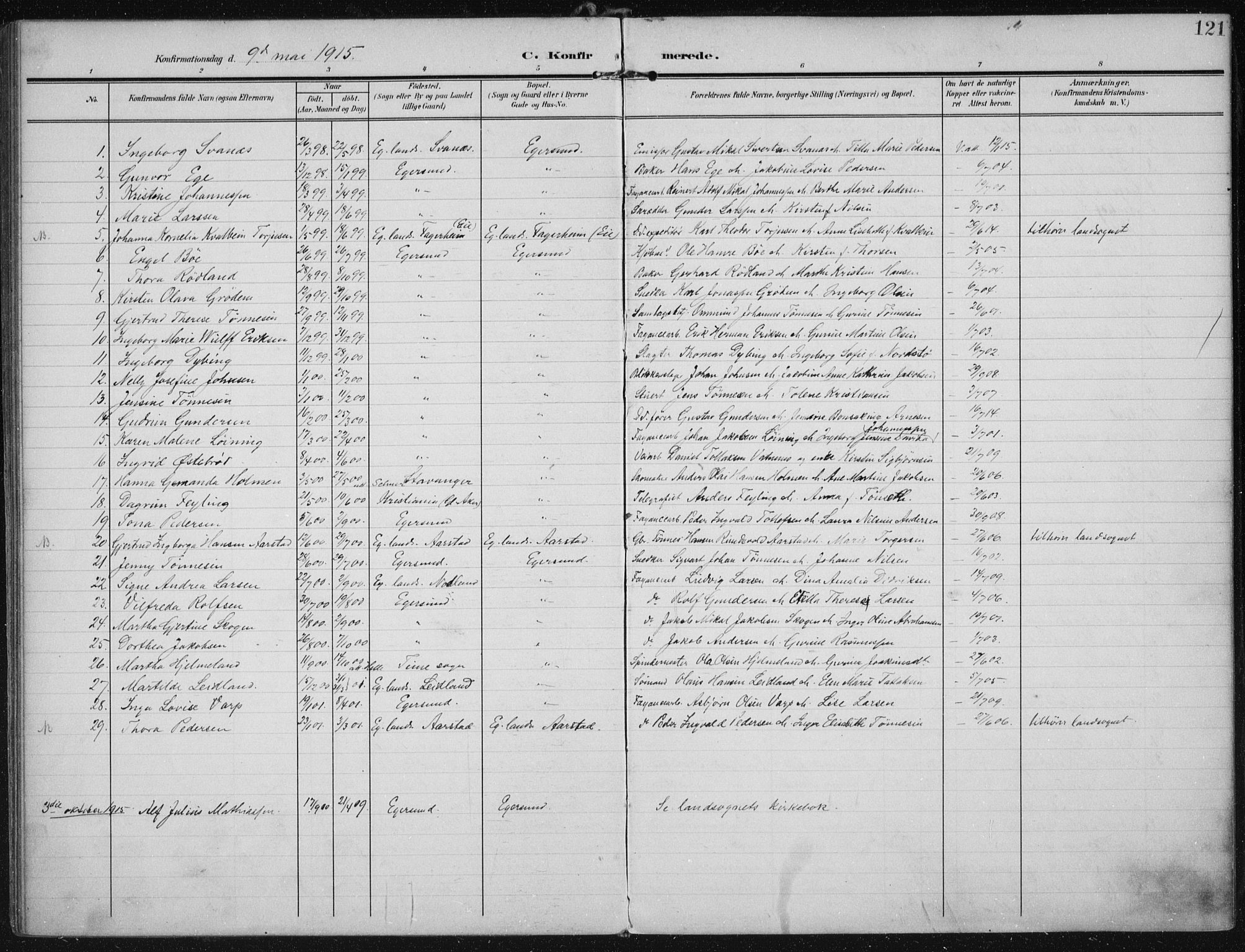 Eigersund sokneprestkontor, AV/SAST-A-101807/S08/L0022: Parish register (official) no. A 21, 1905-1928, p. 121