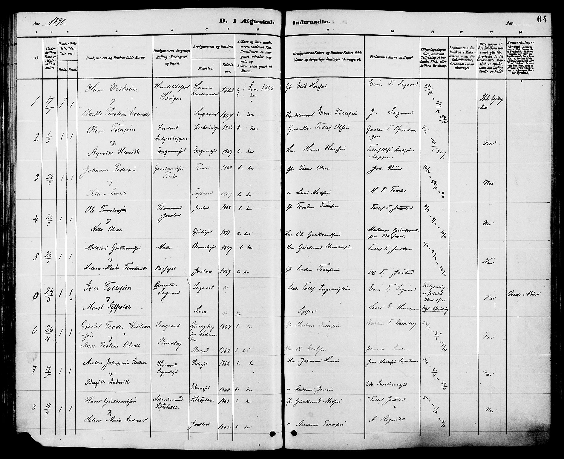 Biri prestekontor, SAH/PREST-096/H/Ha/Haa/L0007: Parish register (official) no. 7, 1887-1893, p. 64