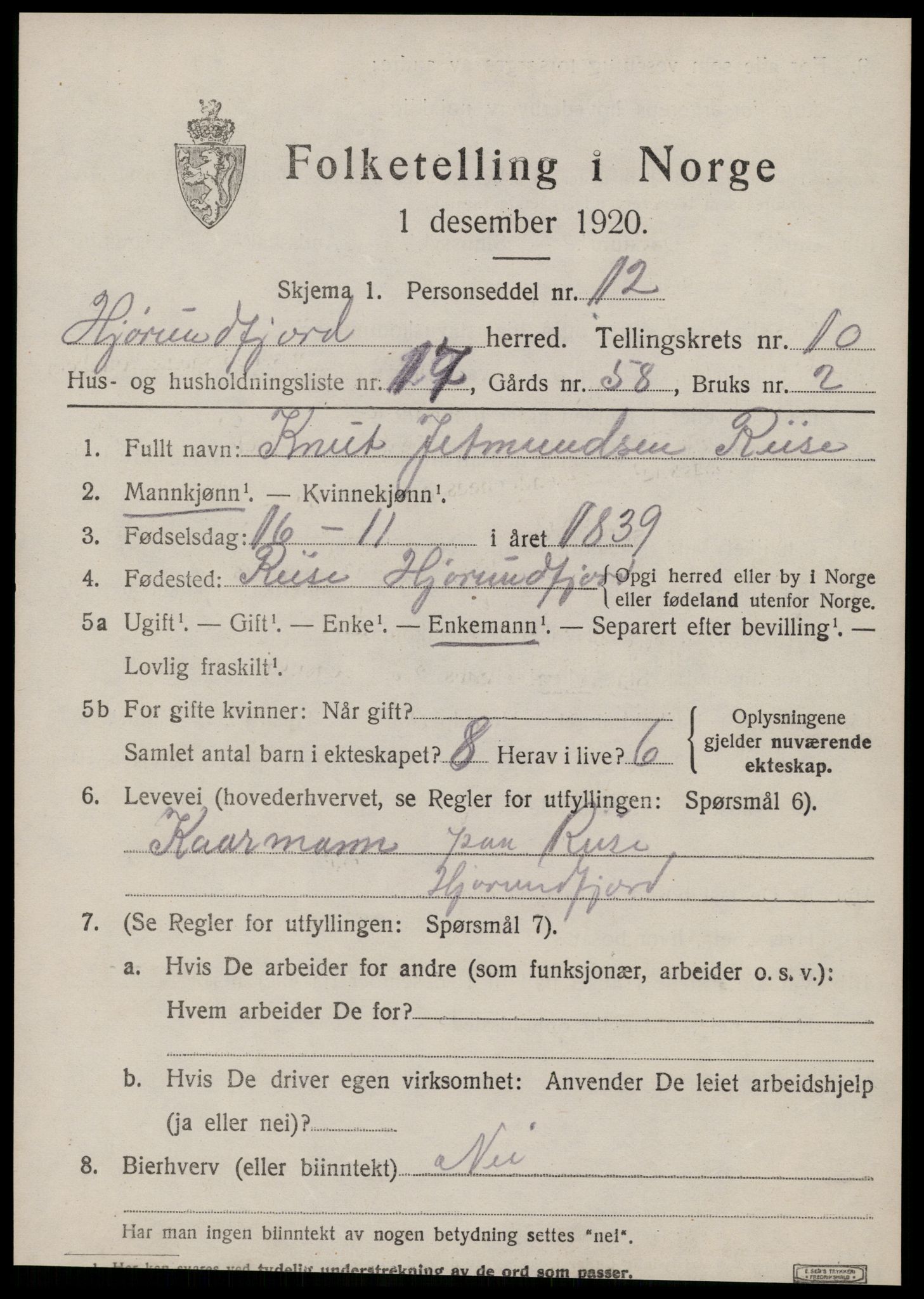 SAT, 1920 census for Hjørundfjord, 1920, p. 3869