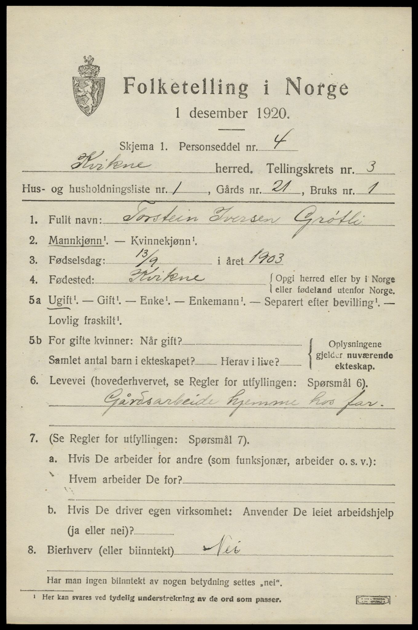 SAH, 1920 census for Kvikne, 1920, p. 1274