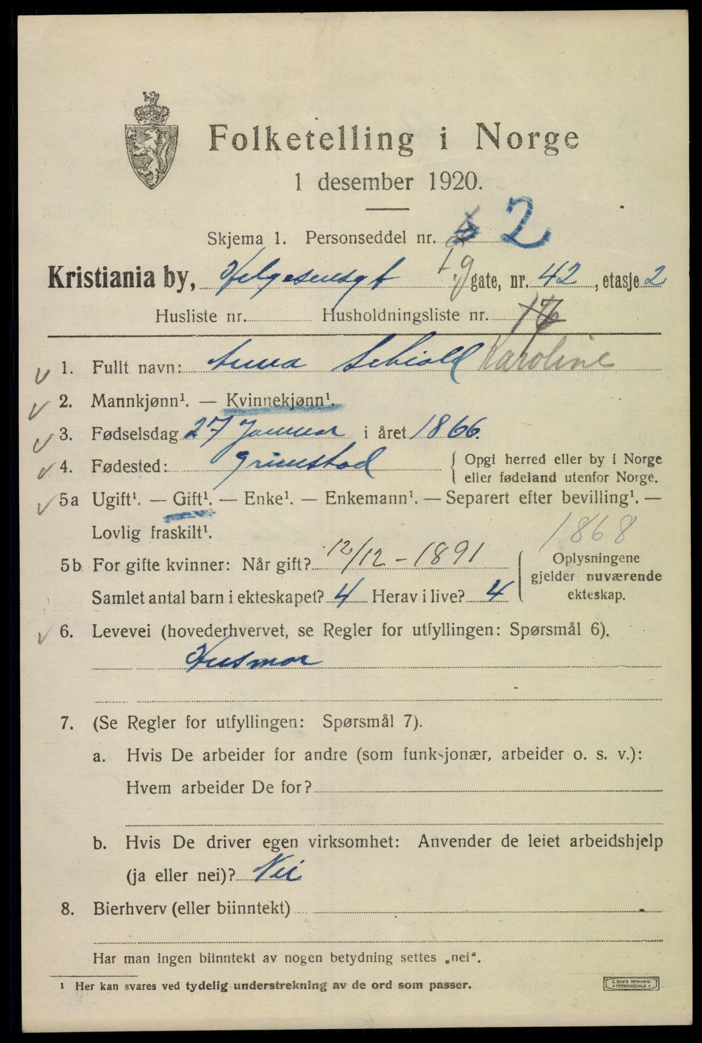 SAO, 1920 census for Kristiania, 1920, p. 285303