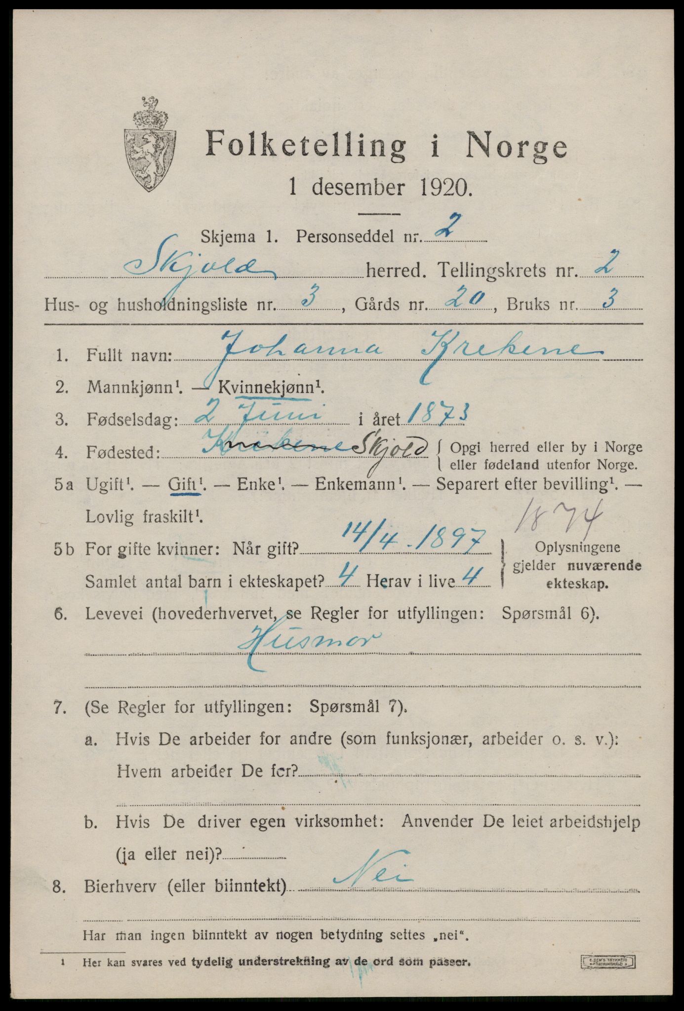 SAST, 1920 census for Skjold, 1920, p. 1700