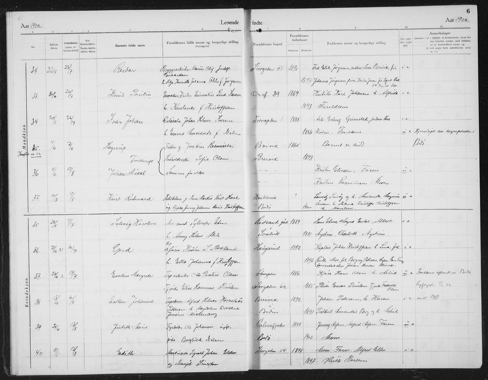 Ministerialprotokoller, klokkerbøker og fødselsregistre - Nordland, AV/SAT-A-1459/801/L0037: Parish register (copy) no. 801C12, 1921-1937, p. 6