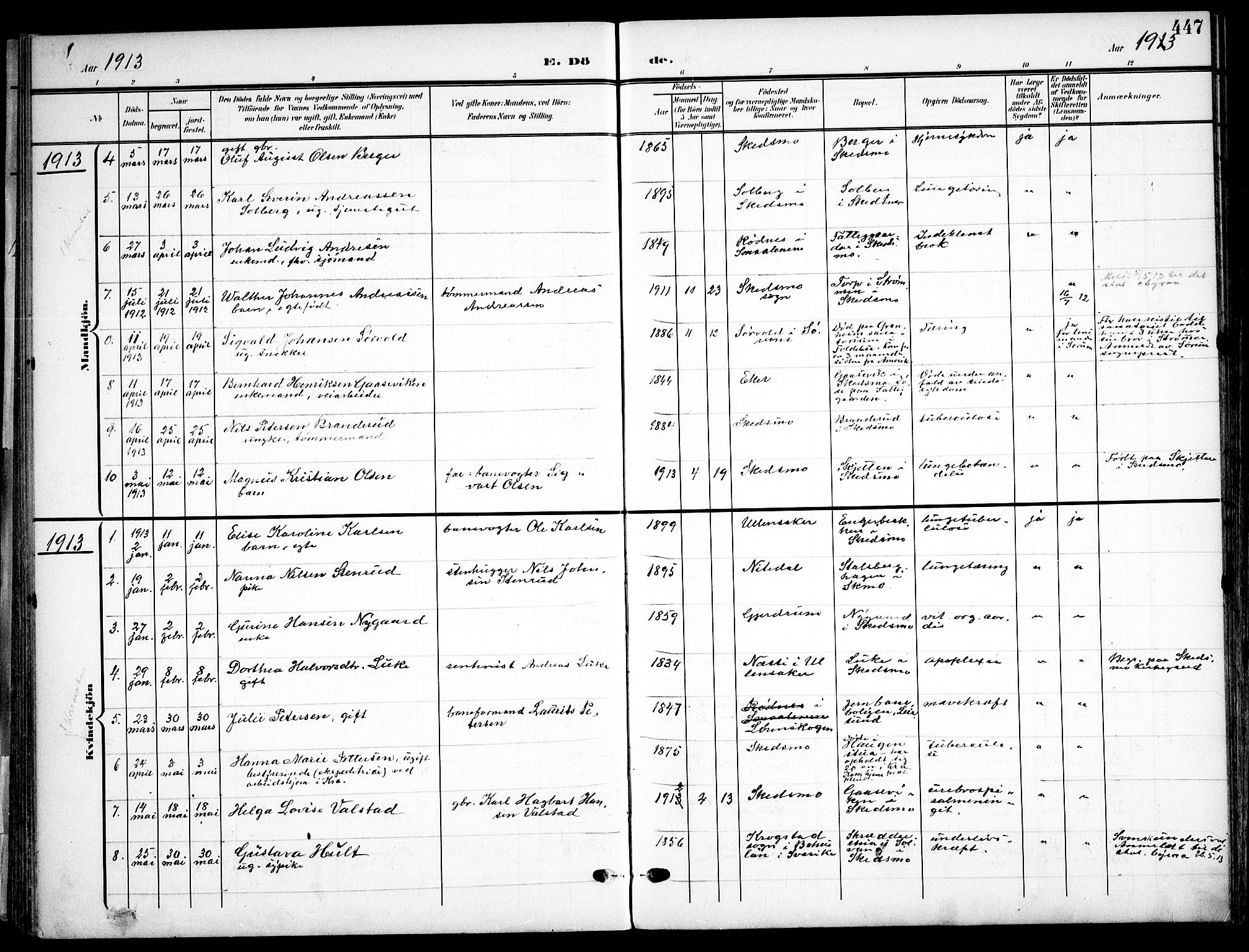 Skedsmo prestekontor Kirkebøker, AV/SAO-A-10033a/F/Fa/L0015: Parish register (official) no. I 15, 1902-1917, p. 447