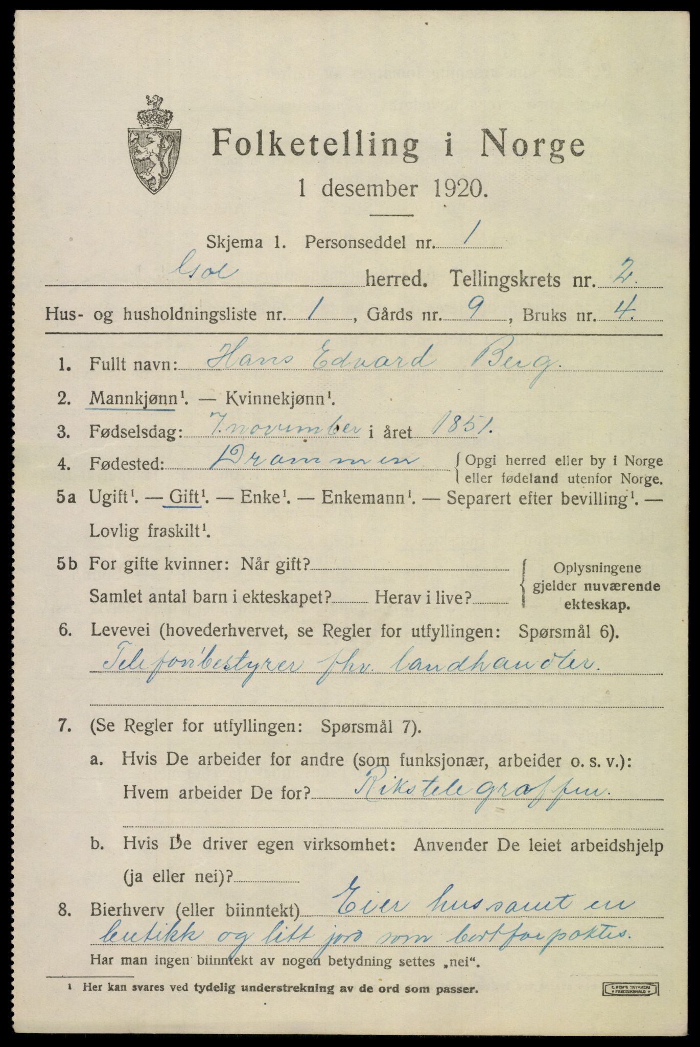 SAKO, 1920 census for Gol, 1920, p. 1218