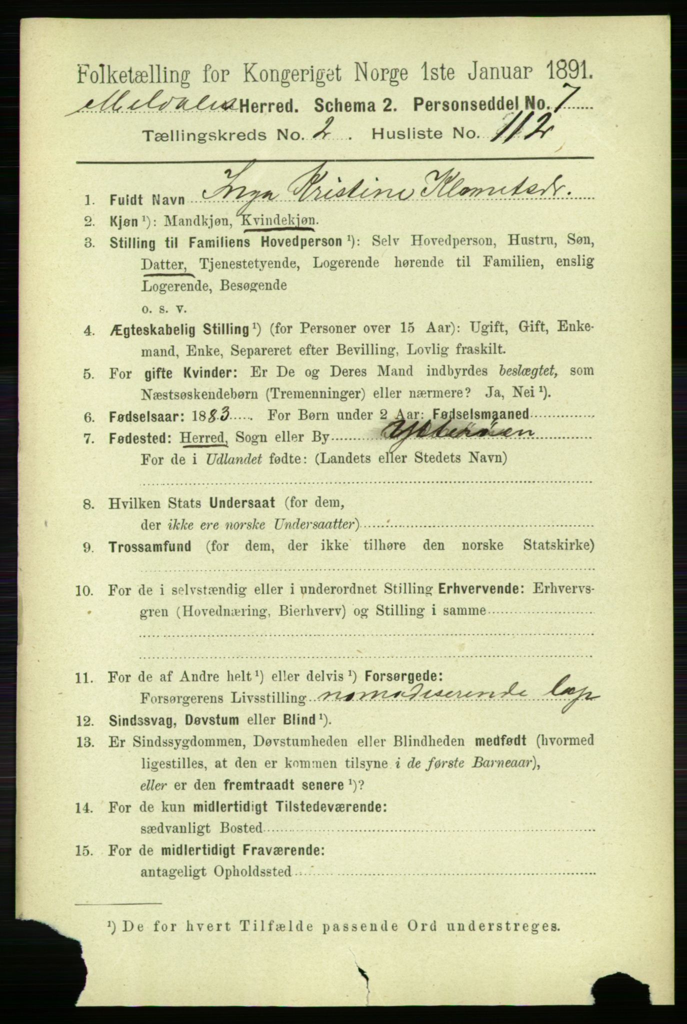 RA, 1891 census for 1636 Meldal, 1891, p. 1698