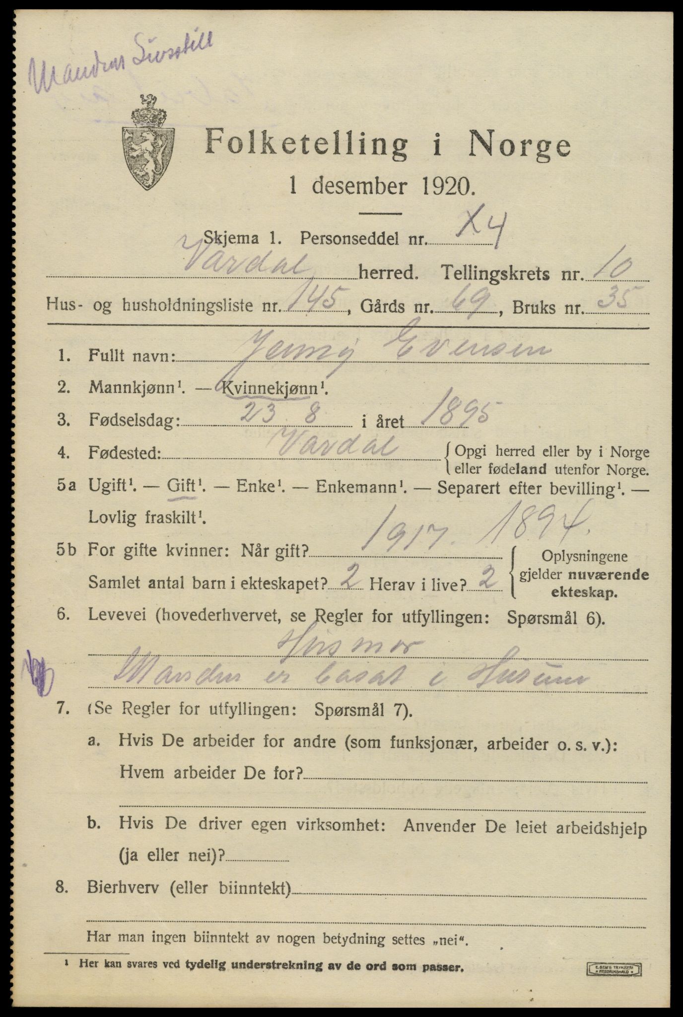 SAH, 1920 census for Vardal, 1920, p. 10857