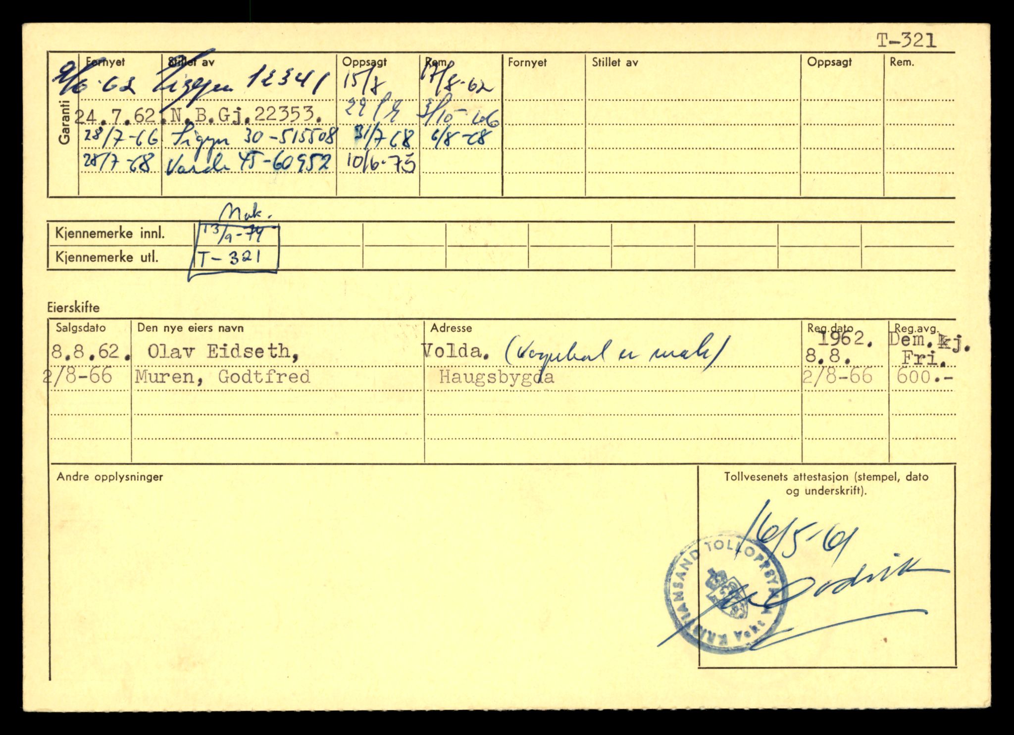 Møre og Romsdal vegkontor - Ålesund trafikkstasjon, SAT/A-4099/F/Fe/L0003: Registreringskort for kjøretøy T 232 - T 340, 1927-1998, p. 2885