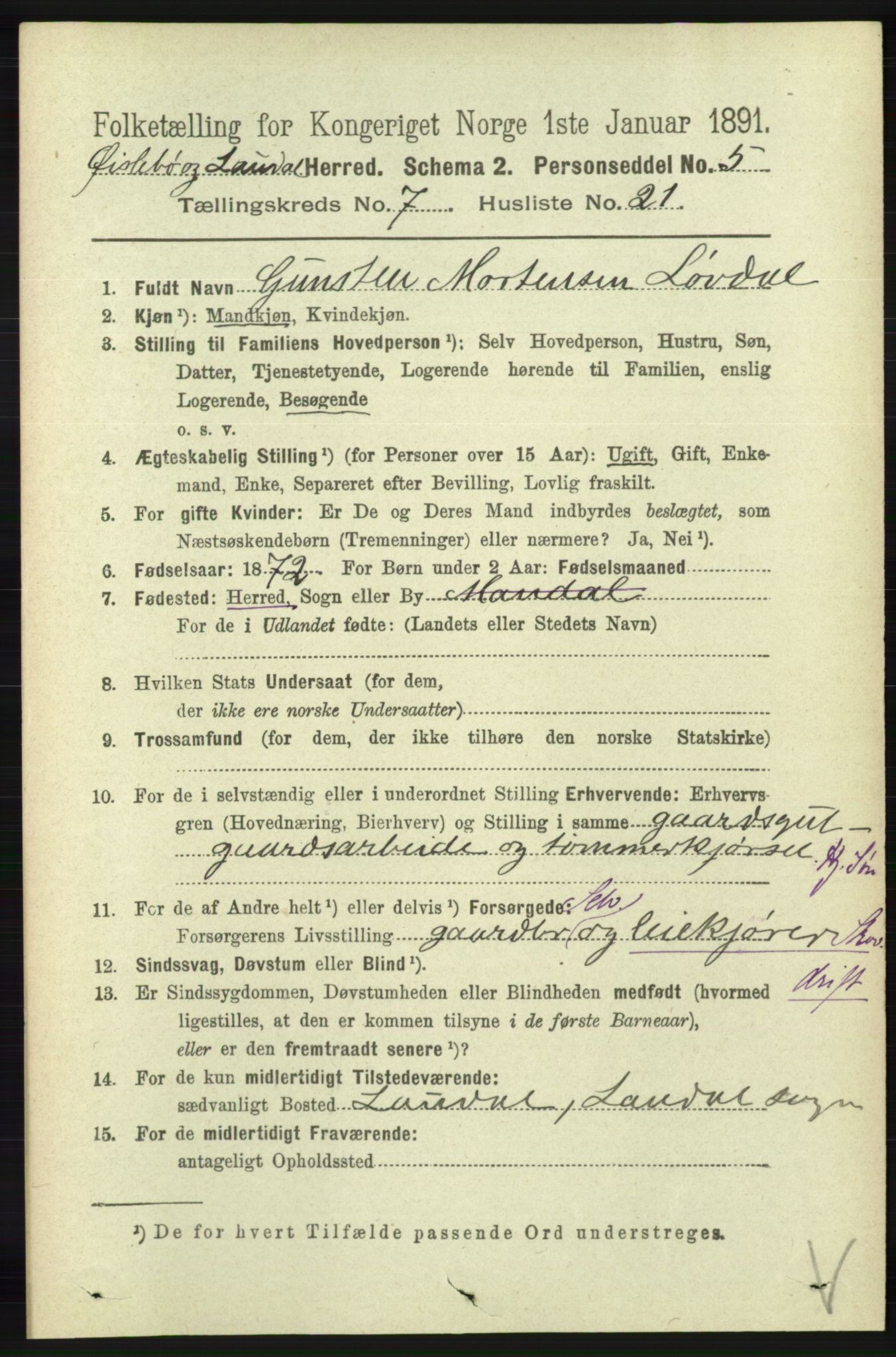 RA, 1891 census for 1021 Øyslebø og Laudal, 1891, p. 2045