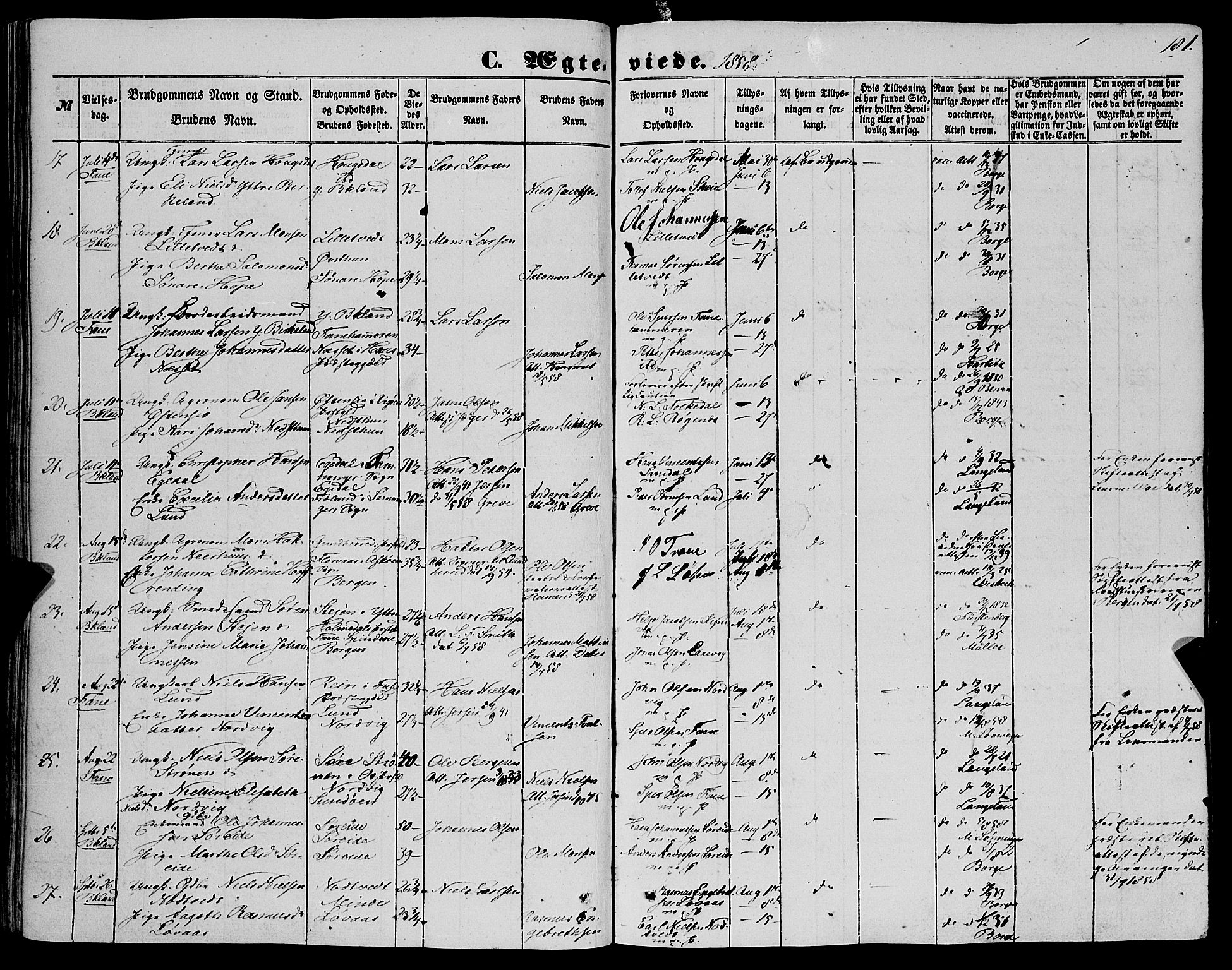 Fana Sokneprestembete, AV/SAB-A-75101/H/Haa/Haaa/L0011: Parish register (official) no. A 11, 1851-1862, p. 181