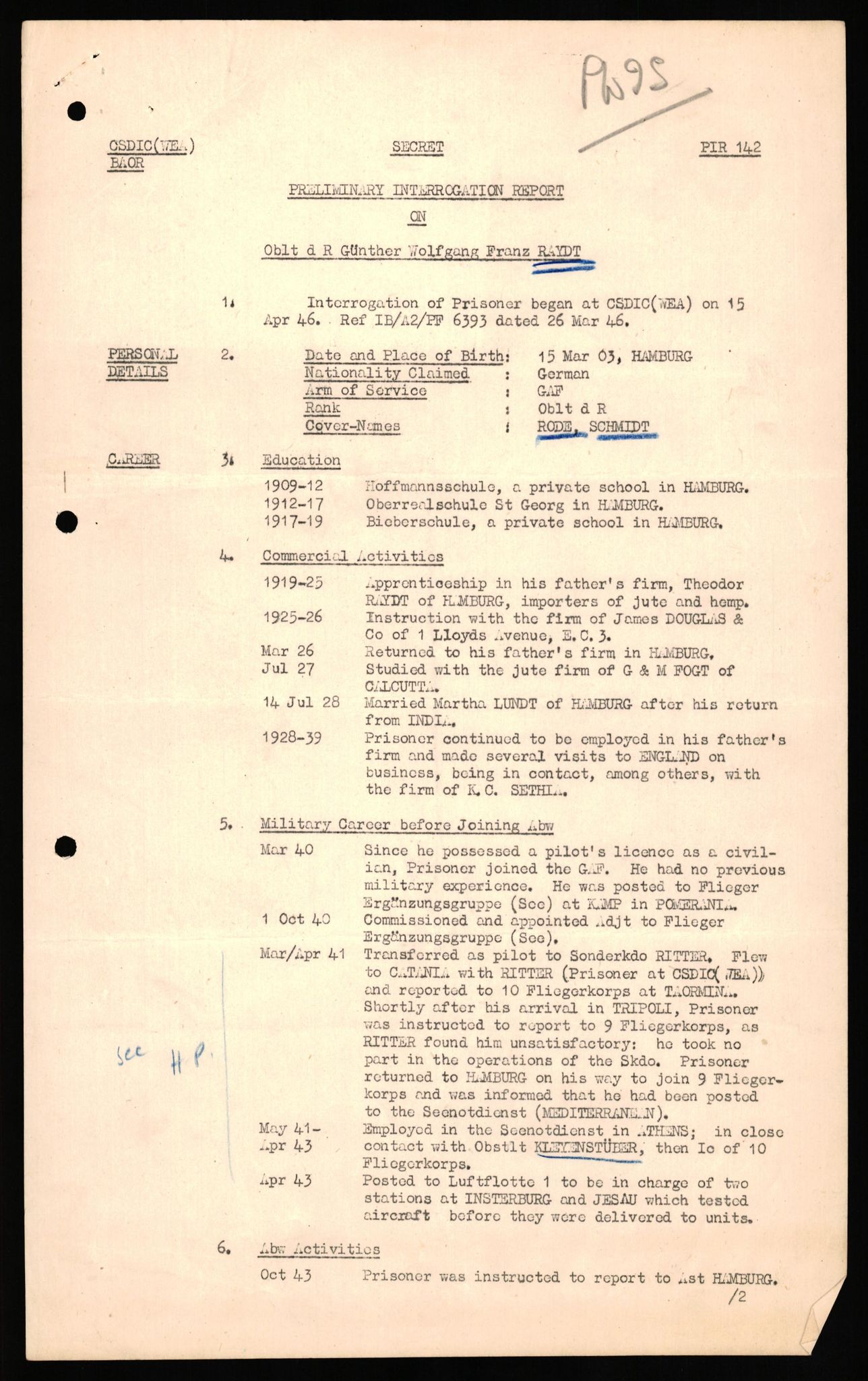 Forsvaret, Forsvarets overkommando II, AV/RA-RAFA-3915/D/Db/L0027: CI Questionaires. Tyske okkupasjonsstyrker i Norge. Tyskere., 1945-1946, p. 66