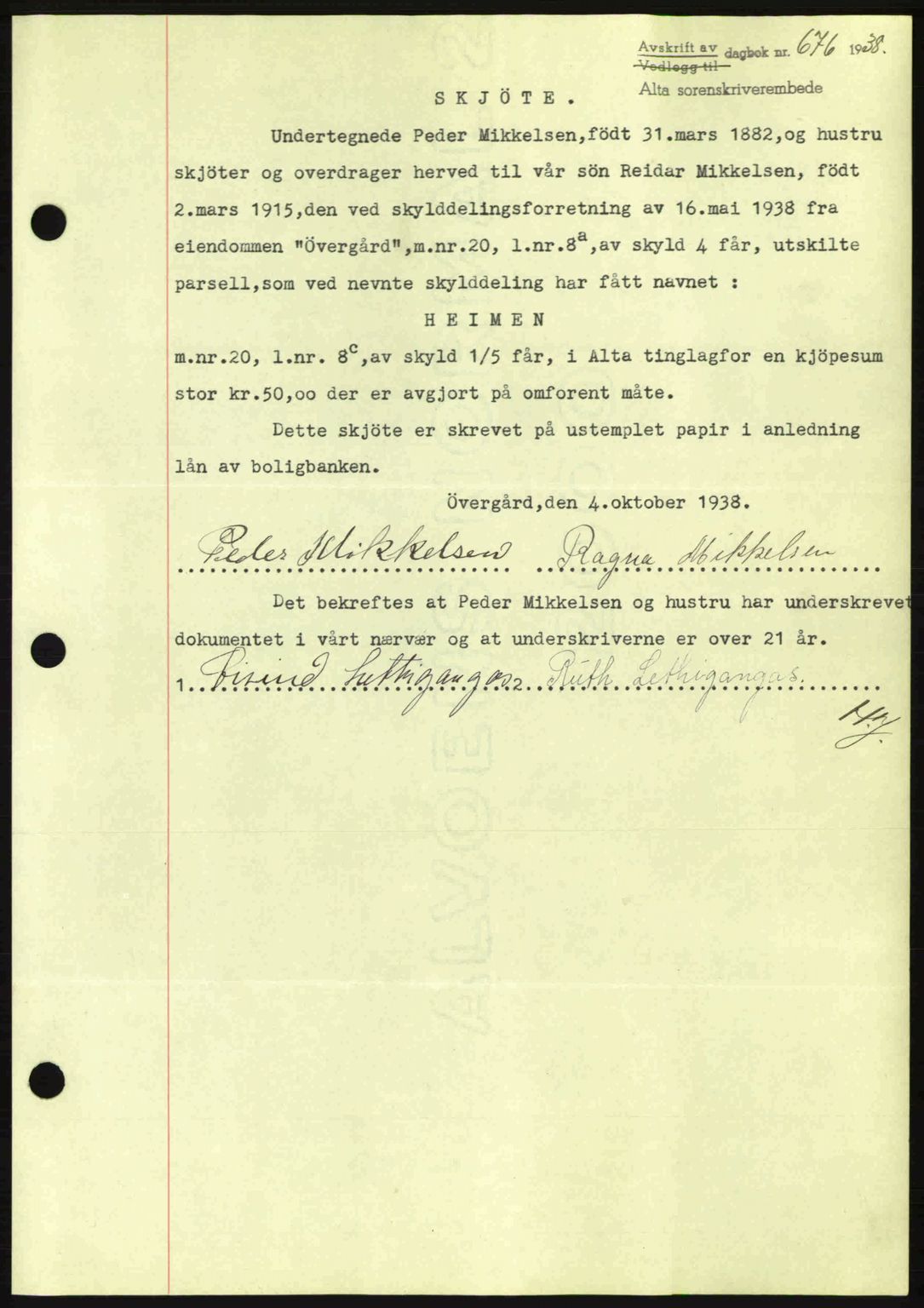 Alta fogderi/sorenskriveri, SATØ/SATØ-5/1/K/Kd/L0031pantebok: Mortgage book no. 31, 1938-1939, Diary no: : 676/1938