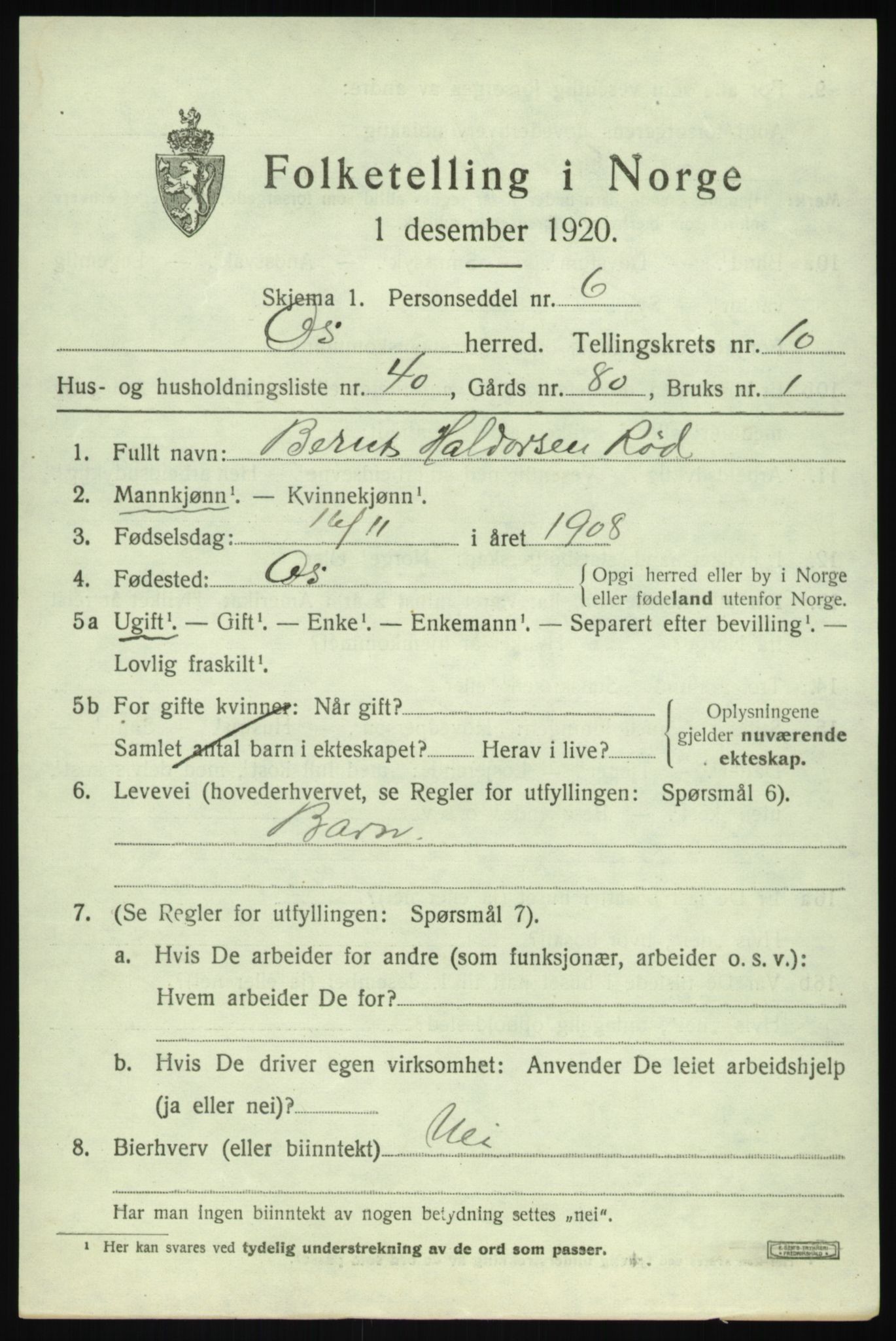 SAB, 1920 census for Os, 1920, p. 8762