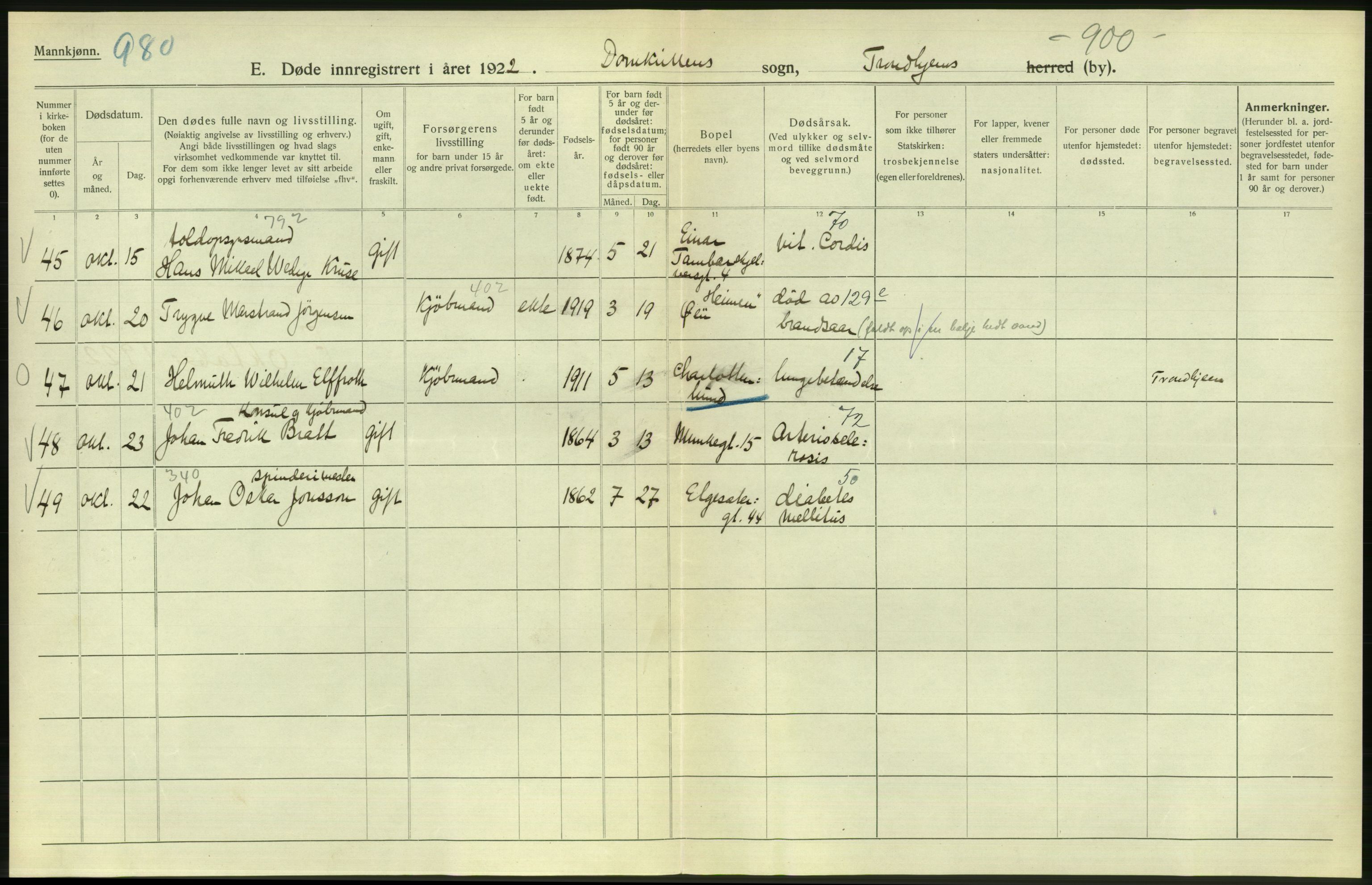 Statistisk sentralbyrå, Sosiodemografiske emner, Befolkning, AV/RA-S-2228/D/Df/Dfc/Dfcb/L0040: Trondheim: Gifte, døde, dødfødte., 1922, p. 364