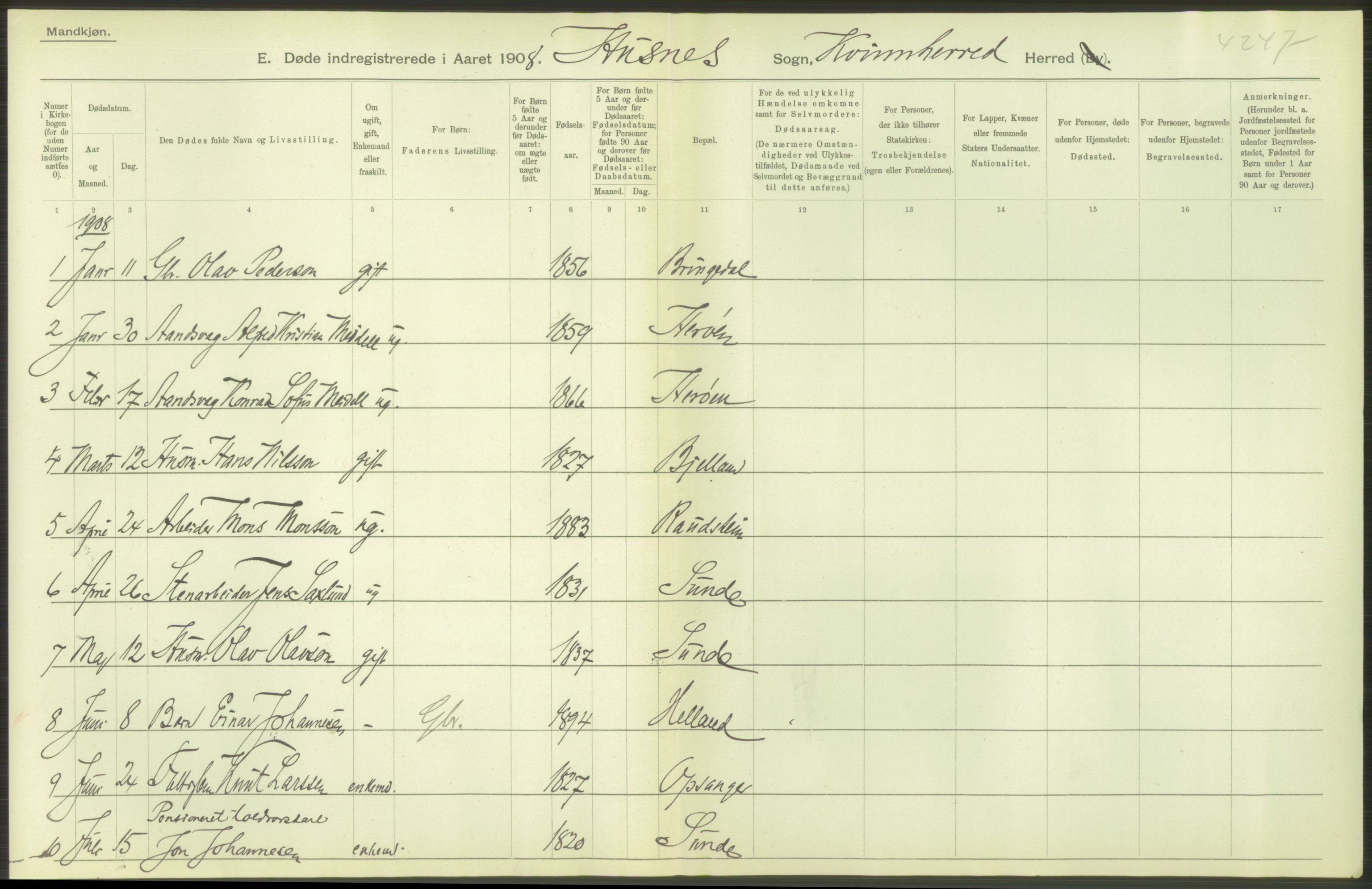 Statistisk sentralbyrå, Sosiodemografiske emner, Befolkning, AV/RA-S-2228/D/Df/Dfa/Dfaf/L0029: S. Bergenhus amt: Døde. Bygder., 1908, p. 20