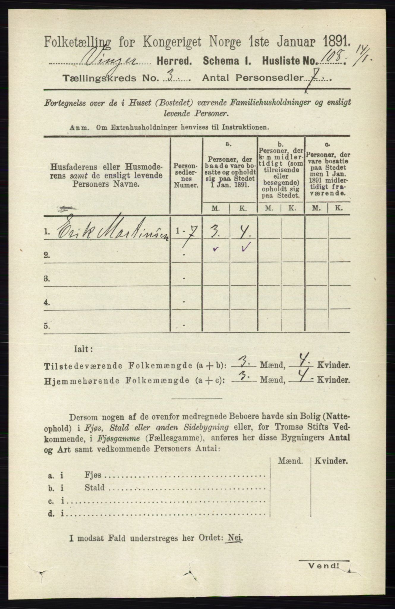 RA, 1891 census for 0421 Vinger, 1891, p. 886