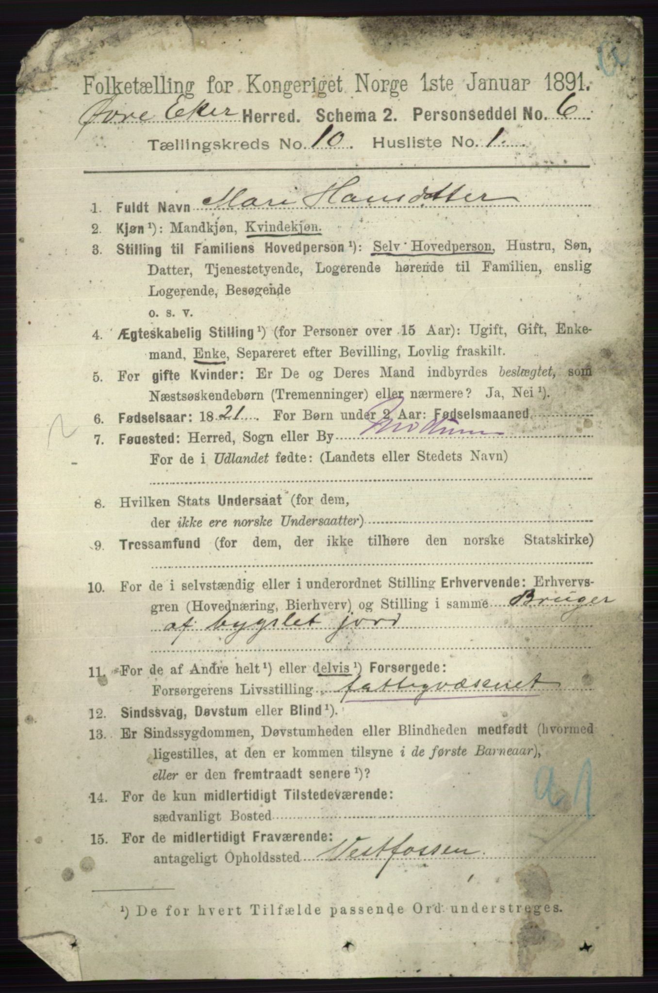 RA, 1891 census for 0624 Øvre Eiker, 1891, p. 4071