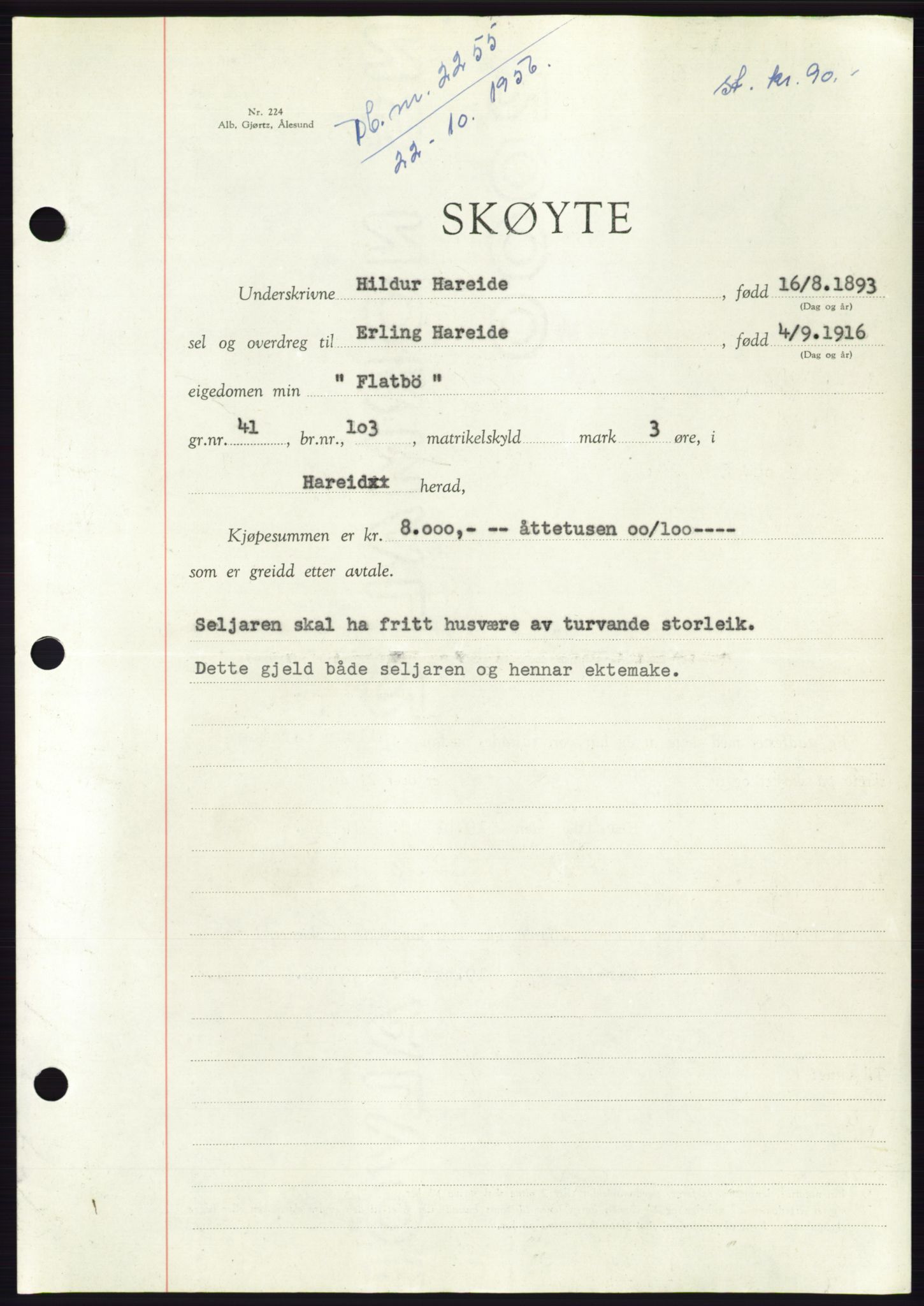 Søre Sunnmøre sorenskriveri, AV/SAT-A-4122/1/2/2C/L0104: Mortgage book no. 30A, 1956-1956, Diary no: : 2255/1956