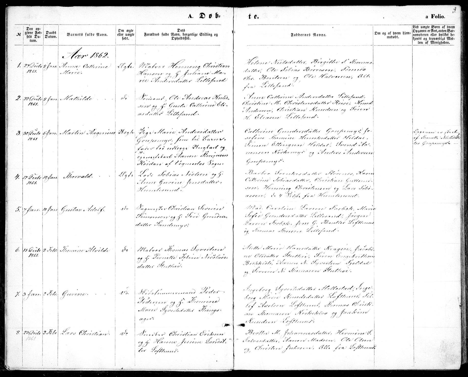 Vestre Moland sokneprestkontor, SAK/1111-0046/F/Fb/Fbb/L0004: Parish register (copy) no. B 4, 1861-1872, p. 3