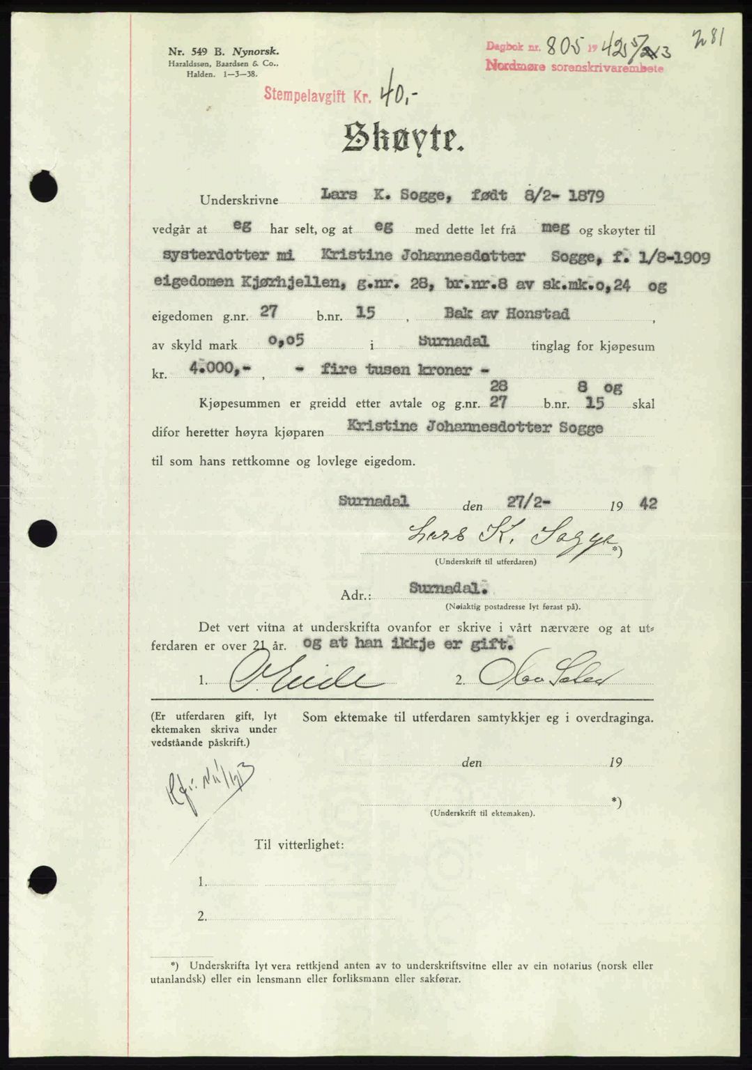 Nordmøre sorenskriveri, AV/SAT-A-4132/1/2/2Ca: Mortgage book no. A92, 1942-1942, Diary no: : 805/1942