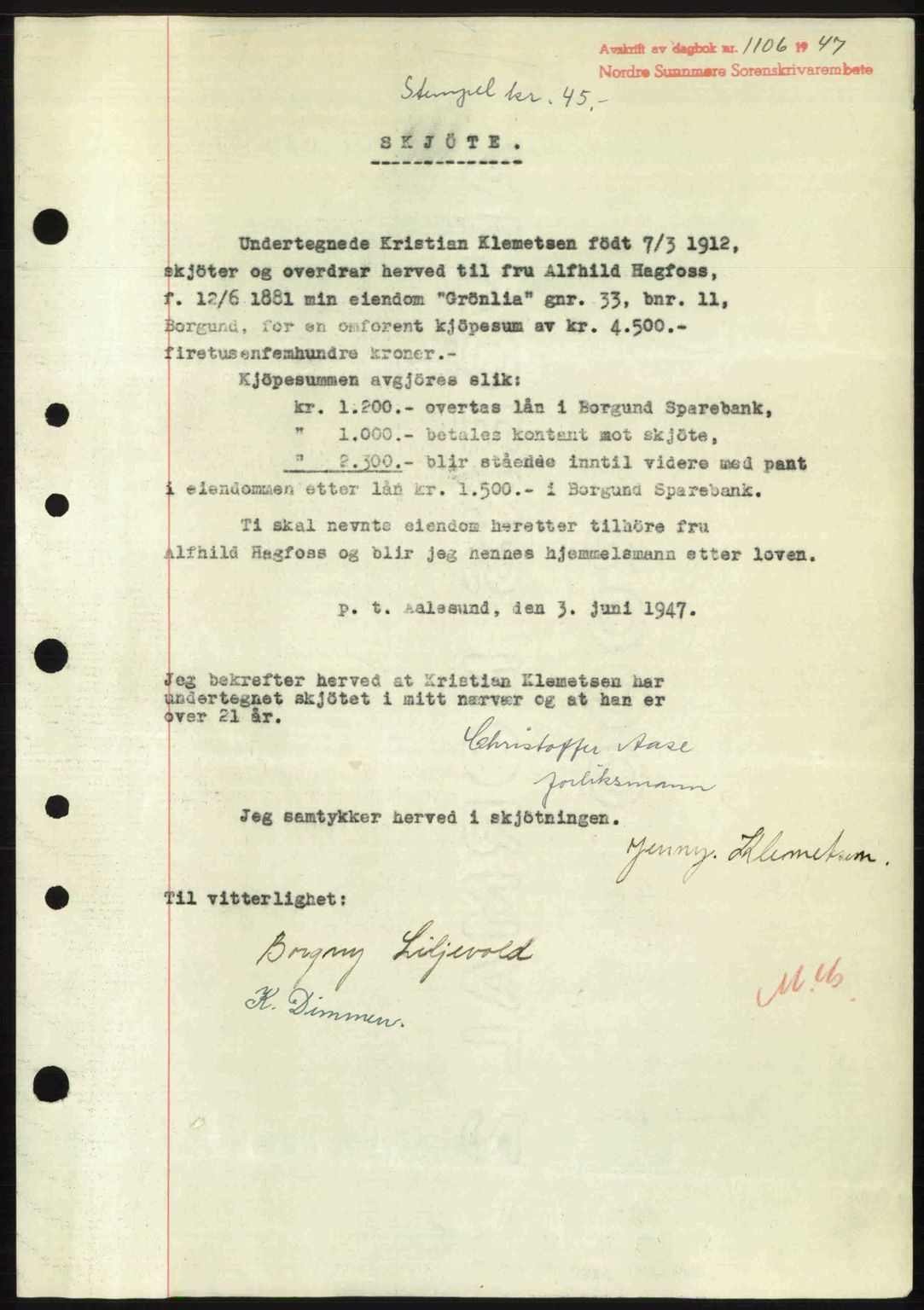 Nordre Sunnmøre sorenskriveri, AV/SAT-A-0006/1/2/2C/2Ca: Mortgage book no. A24, 1947-1947, Diary no: : 1106/1947