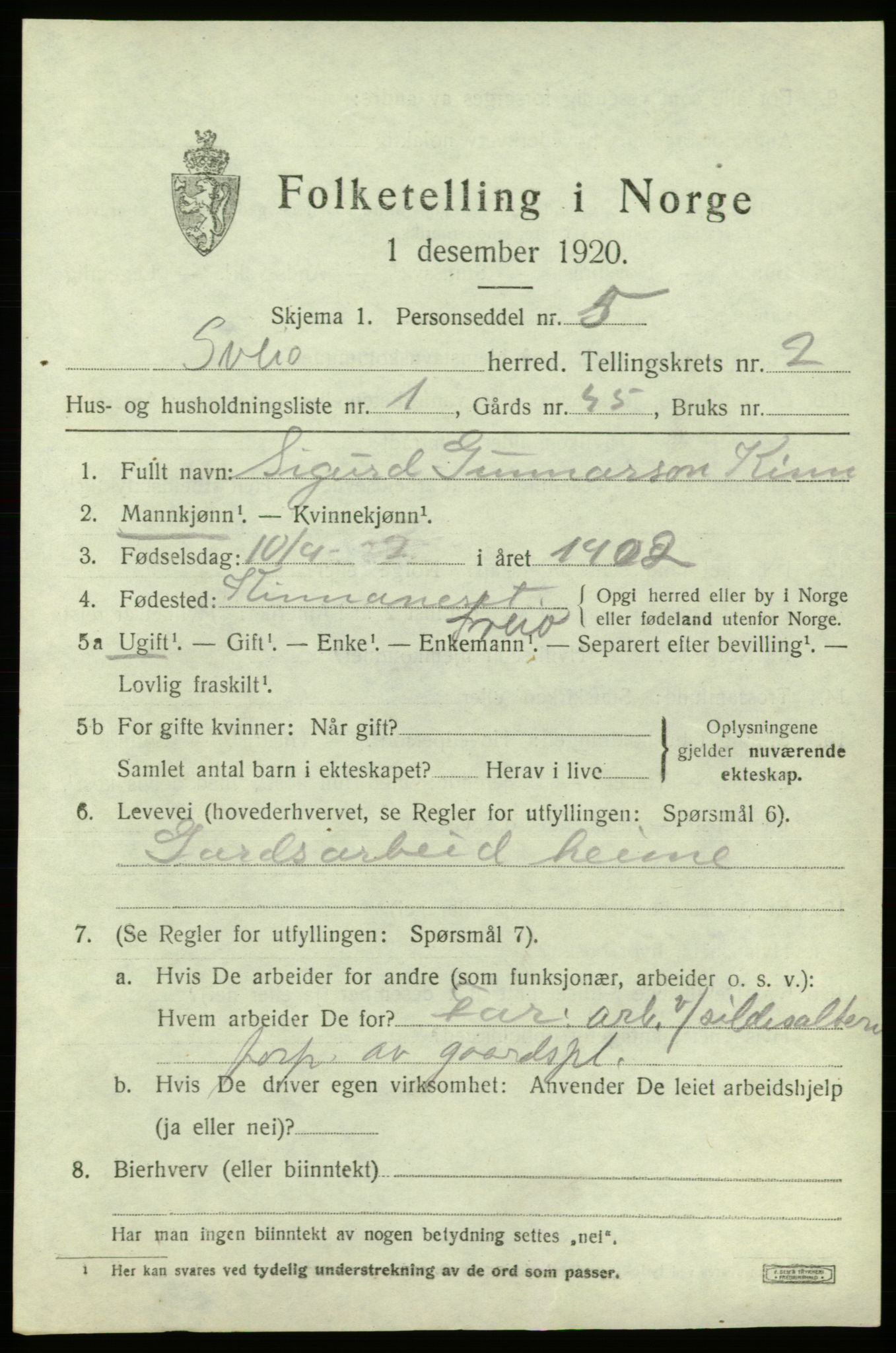 SAB, 1920 census for Sveio, 1920, p. 1314