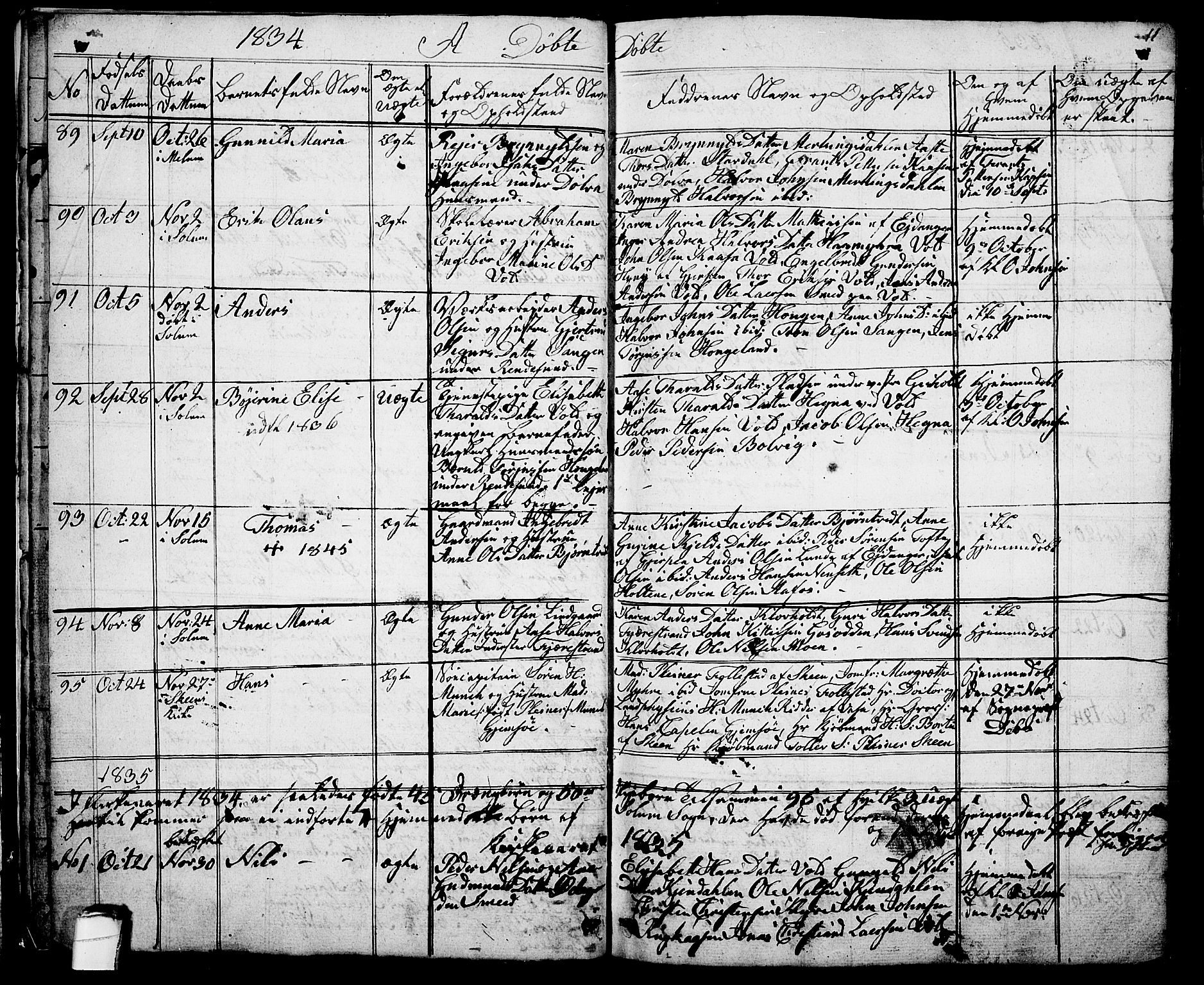 Solum kirkebøker, SAKO/A-306/G/Ga/L0002: Parish register (copy) no. I 2, 1834-1848, p. 11