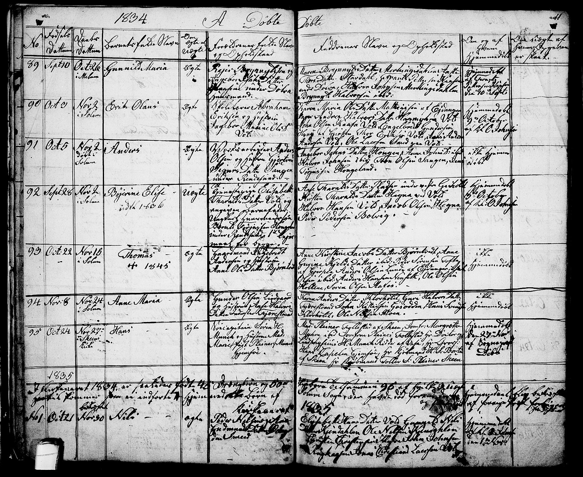 Solum kirkebøker, AV/SAKO-A-306/G/Ga/L0002: Parish register (copy) no. I 2, 1834-1848, p. 11