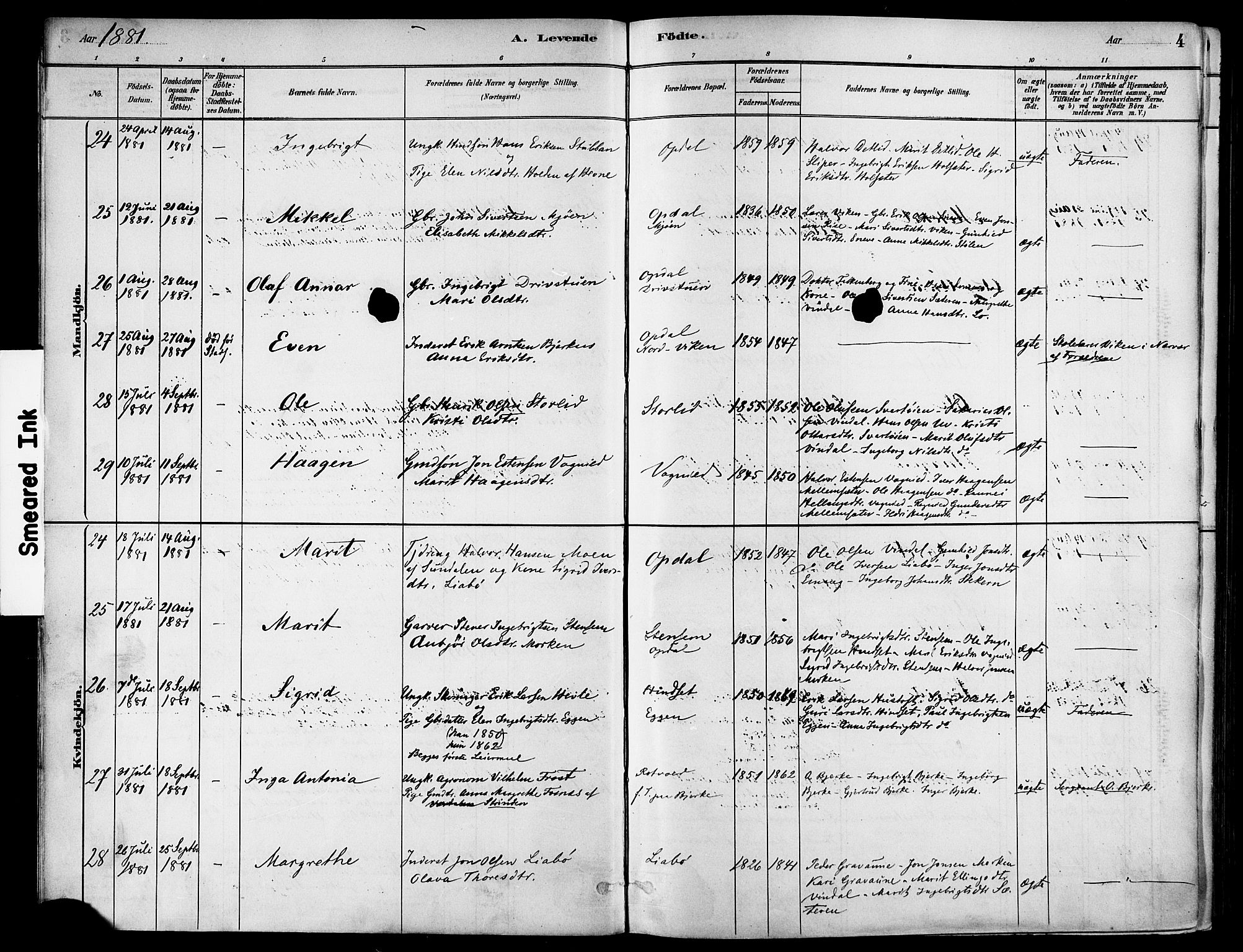 Ministerialprotokoller, klokkerbøker og fødselsregistre - Sør-Trøndelag, AV/SAT-A-1456/678/L0901: Parish register (official) no. 678A10, 1881-1894, p. 4