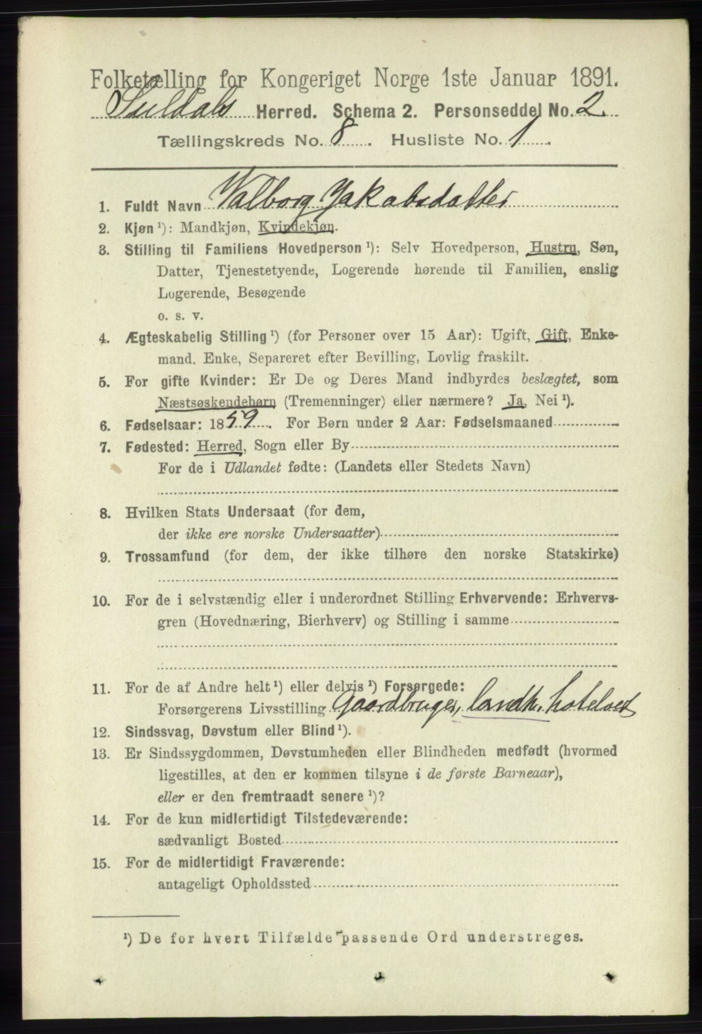 RA, 1891 census for 1134 Suldal, 1891, p. 2297