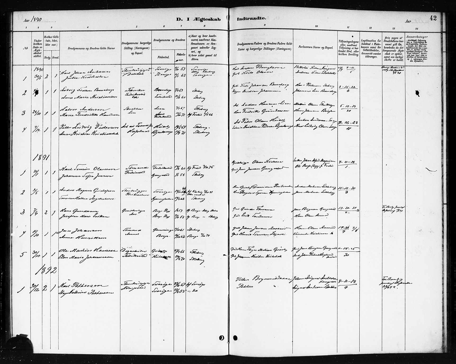 Skjeberg prestekontor Kirkebøker, SAO/A-10923/F/Fb/L0001: Parish register (official) no. II 1, 1886-1894, p. 42