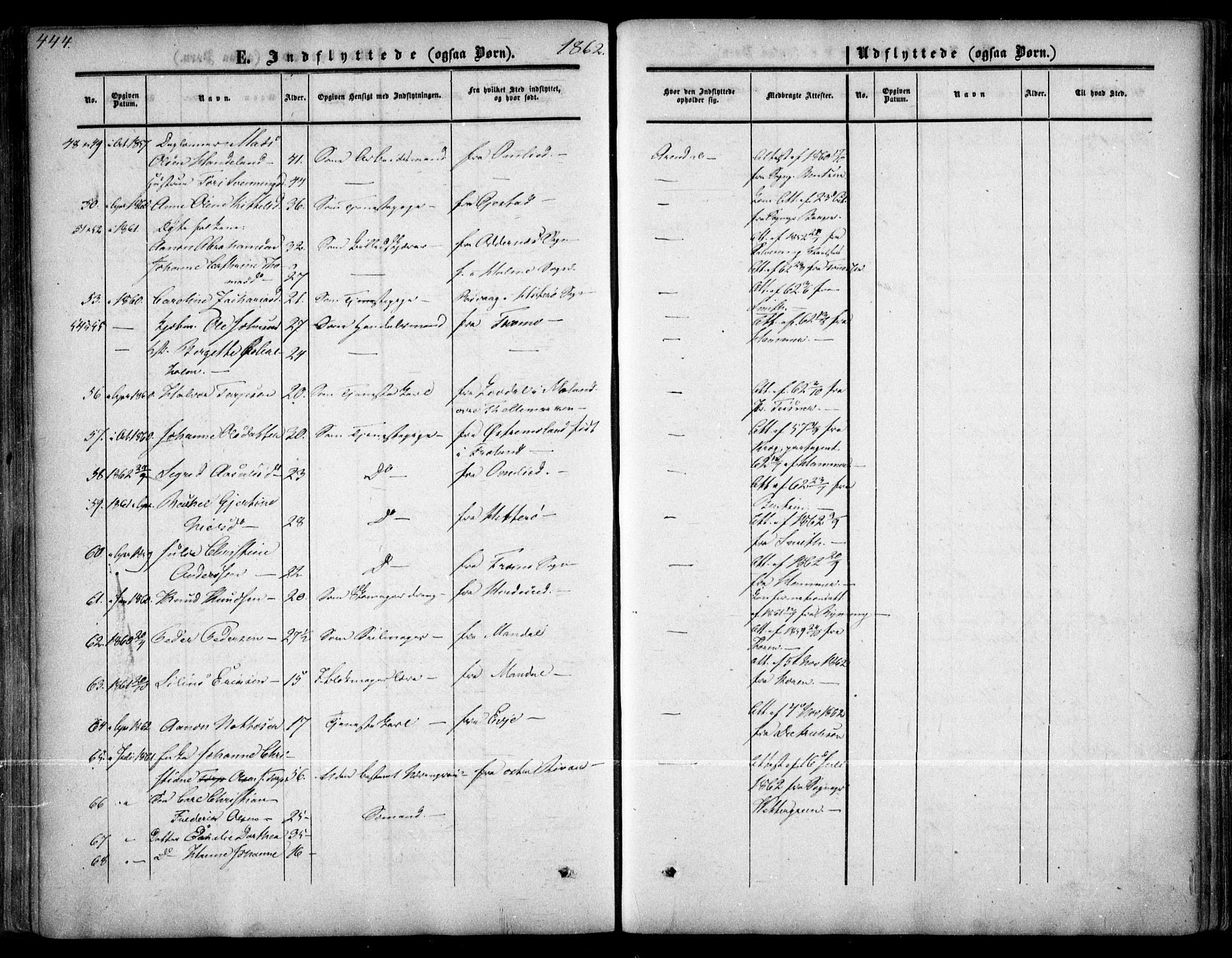 Arendal sokneprestkontor, Trefoldighet, SAK/1111-0040/F/Fa/L0006: Parish register (official) no. A 6, 1855-1868, p. 444